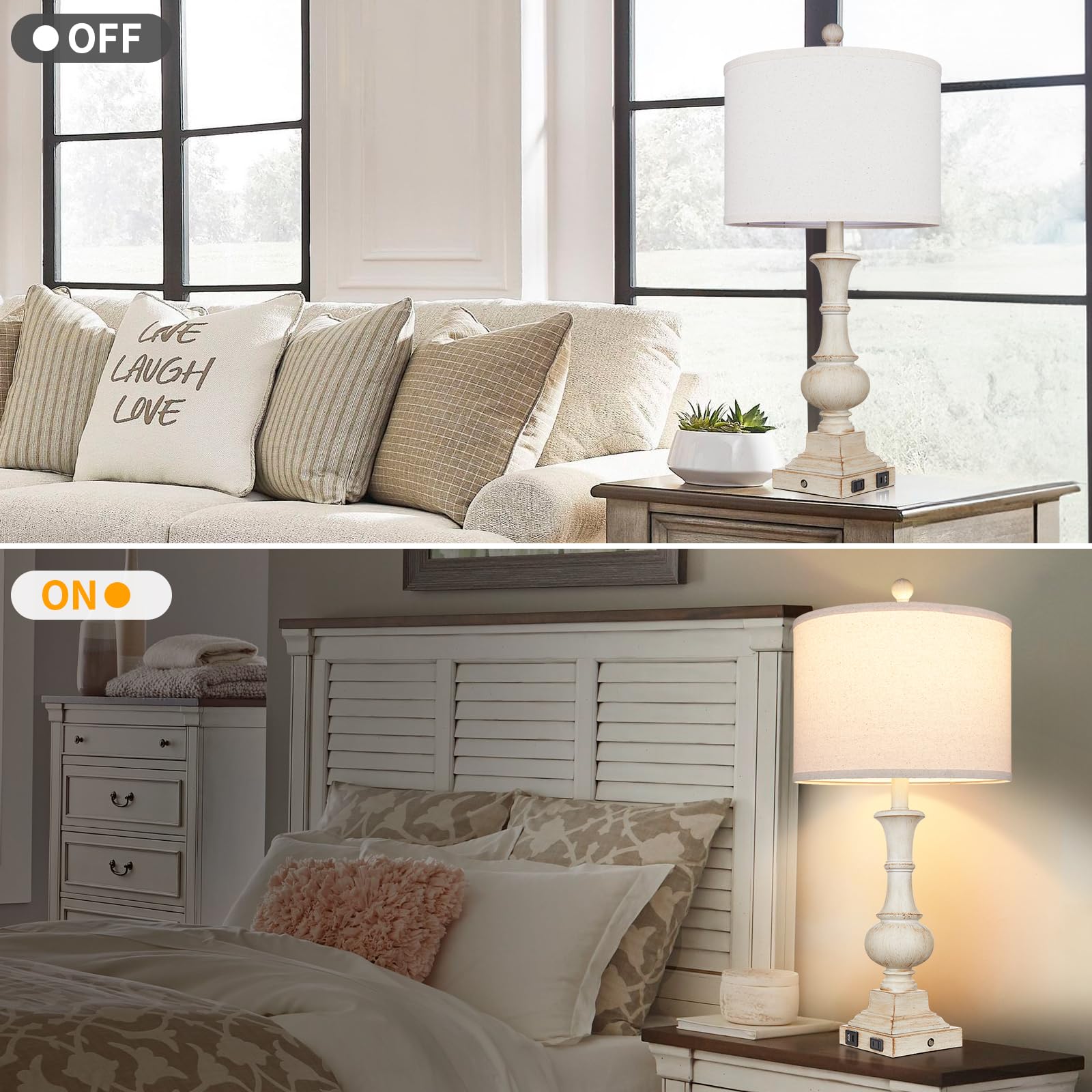 Lolikit 26" Farmhouse Table Lamp, Vintage Rustic Touch Control Bedside Lamp With 2 Usb Ports & Ac Outlet, Boho Resin 3-Way Dimmable Nightstand Lamp Linen Fabric Shade For Living Room Bedroom End Table White