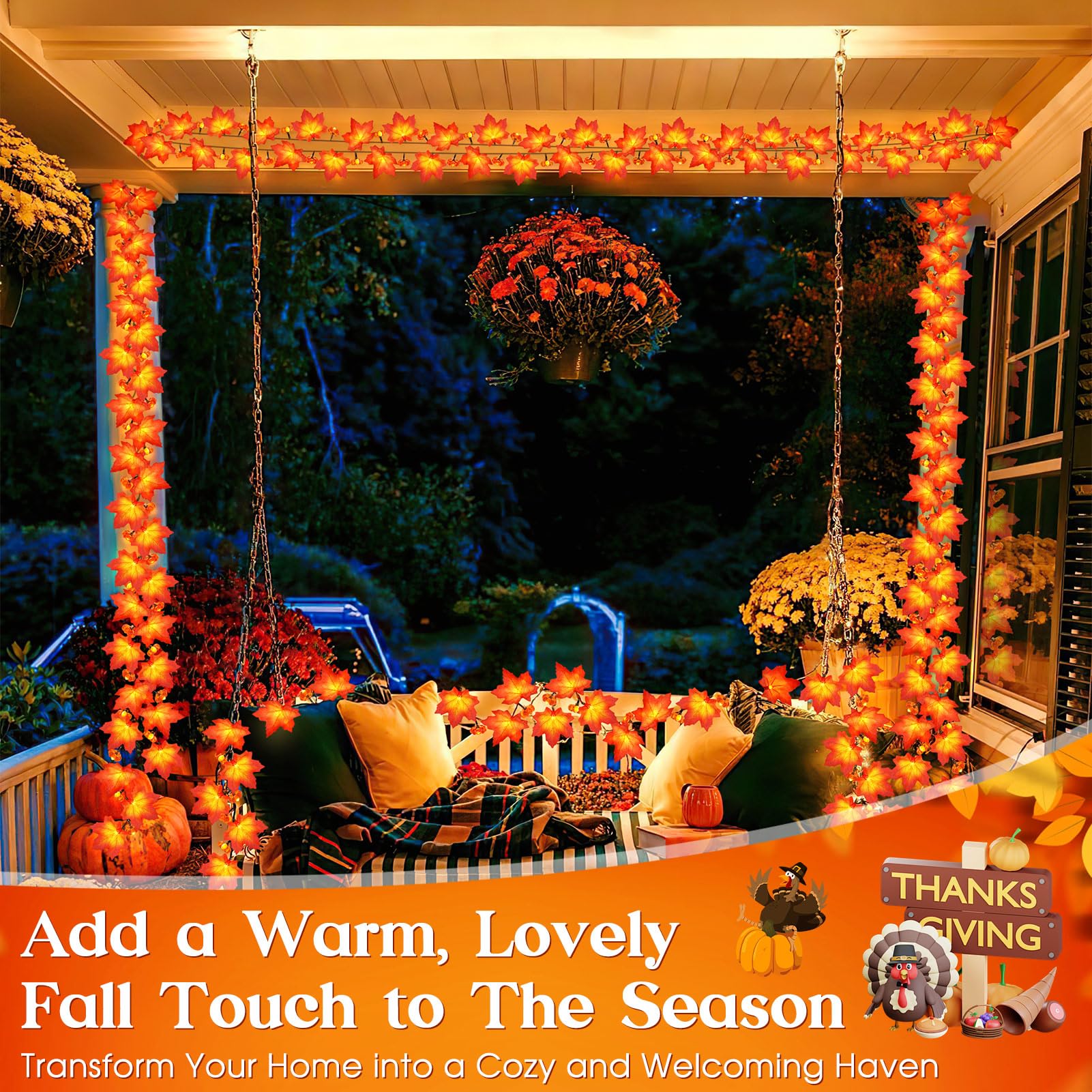 Reyeeinc Fall Solar Lights Outdoor Decorative, 39Ft 100 Leds And 8 Modes Solar Lights Thanksgiving Decorations Outdoor Maple Pumpkin String Garland For Autumn Outside Garden Harvest Party Halloween Decor
