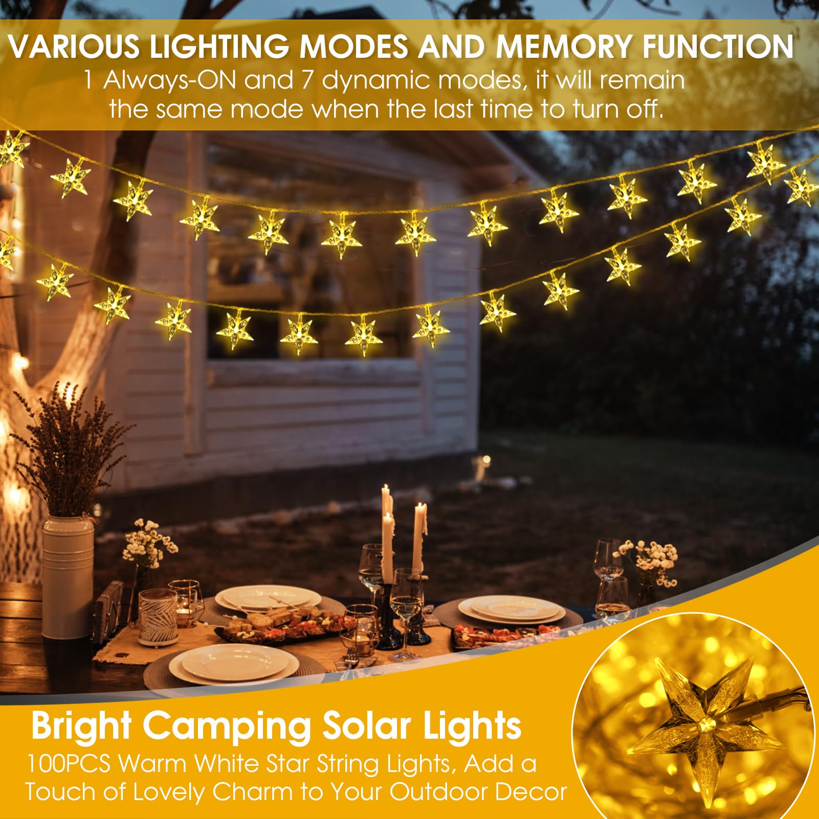 Reyeeinc Solar String Lights Camping, Star Solar Powered Twinkle Lights Outdoor Waterproof With 100 Leds 8 Modes For Campsite, Tent, Camping Hammock, Rv Awning, Playhouse, Tree House Decorations