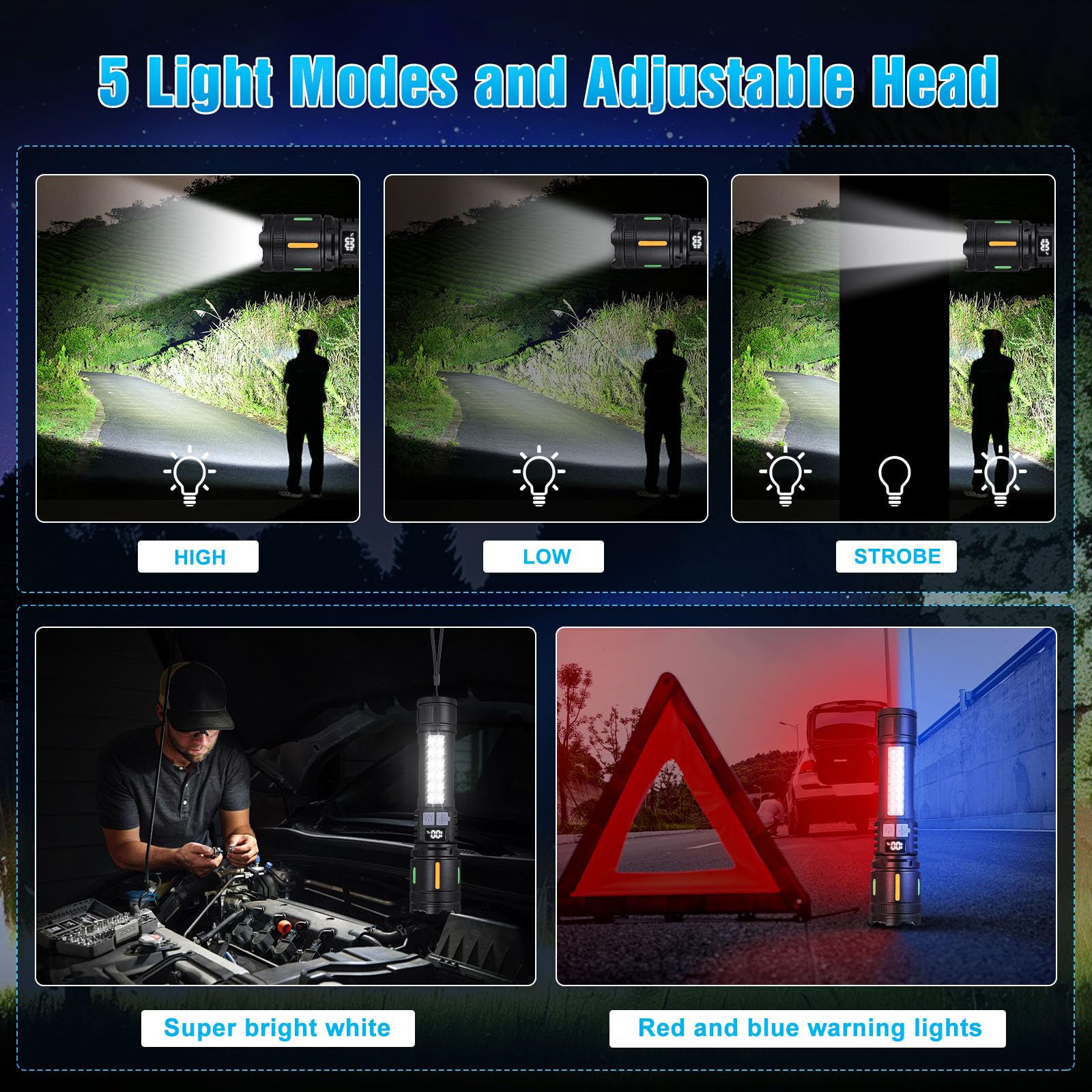 Ciwuzxs Rechargeable Led Flashlights High Lumens - 3000Lm Super Bright Tactical Flashlight With Cob Sidelight, 5 Light Modes, Ipx6 Waterproof, Powerful Flash Light For Camping Home Emergencies（2 Pack）