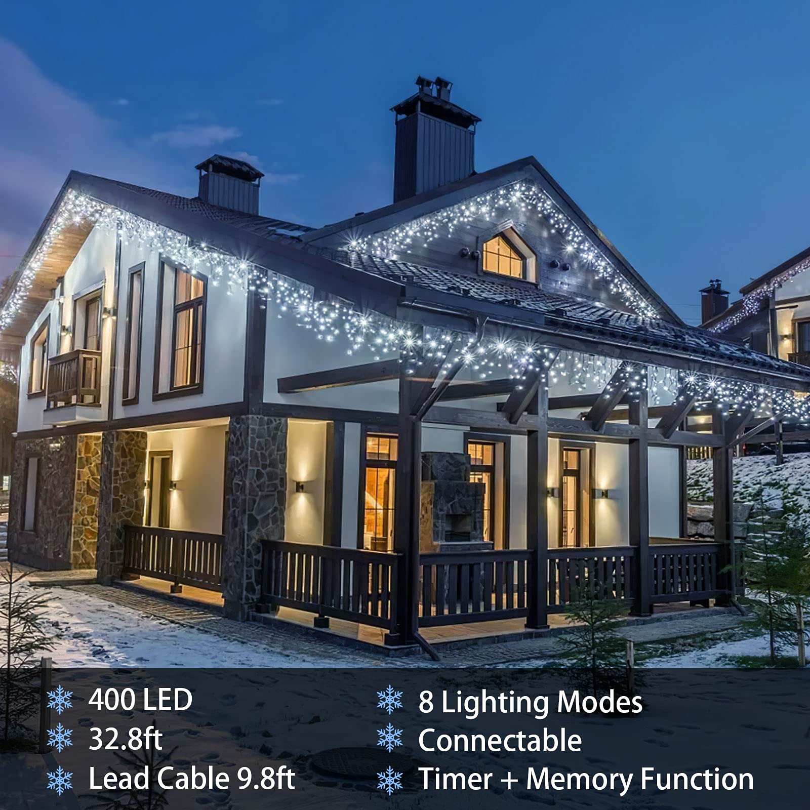 Amberfun 32.8Ft 400 Led Icicle String Lights, 8 Modes Waterproof Icicle Christmas Lights Outdoor With Memory Function, Curtain Fairy Lights Hanging Decor For Home, Party, Wedding, Christmas (Cool White)