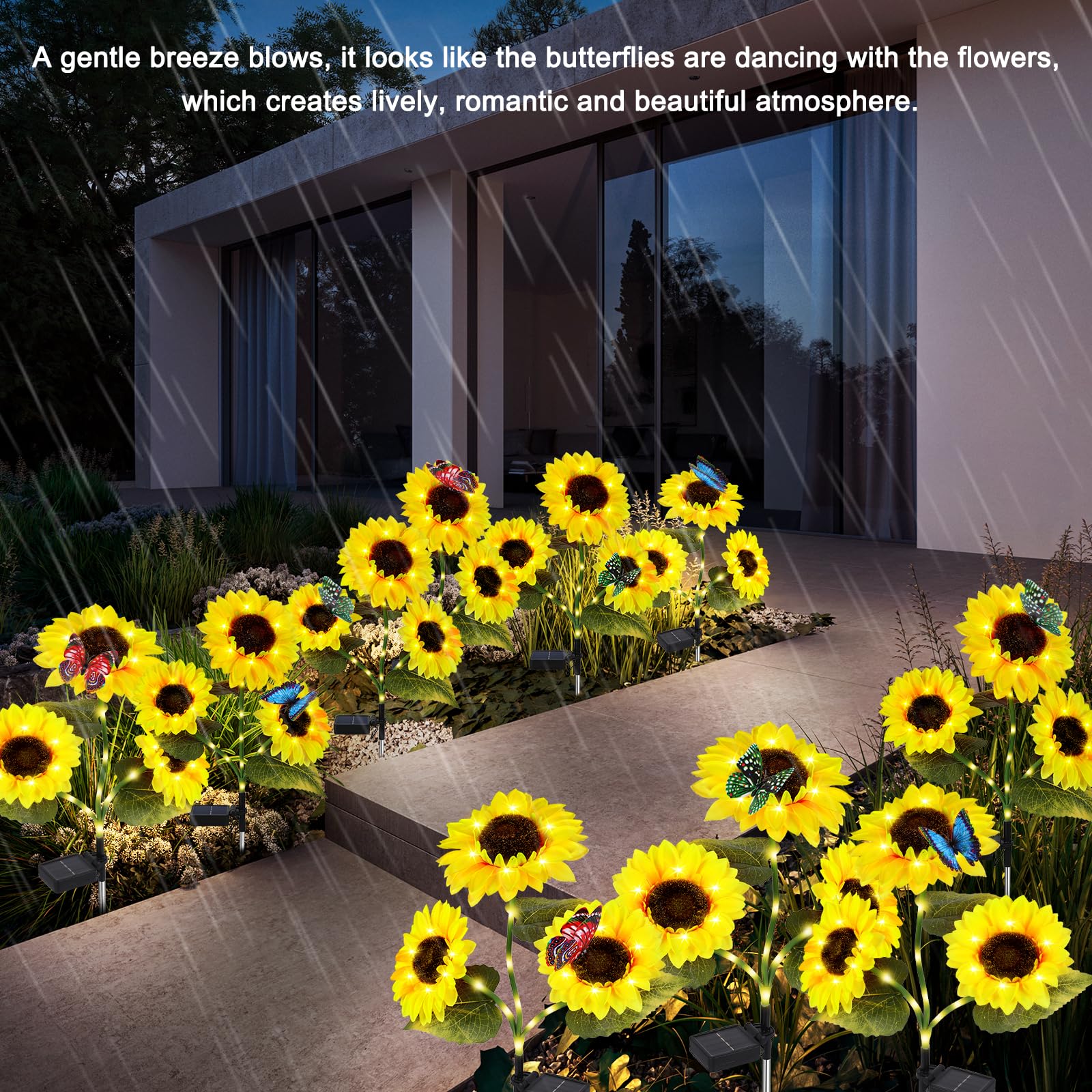 Wind Star Solar Sunflower Lights Decorative, 3 Pack Solar Garden Lights Outdoor With 9 Lifelike Sunflowers And 3 Butterflies, Flower Solar Lights For Yard Pathway Garden Decor And Gift