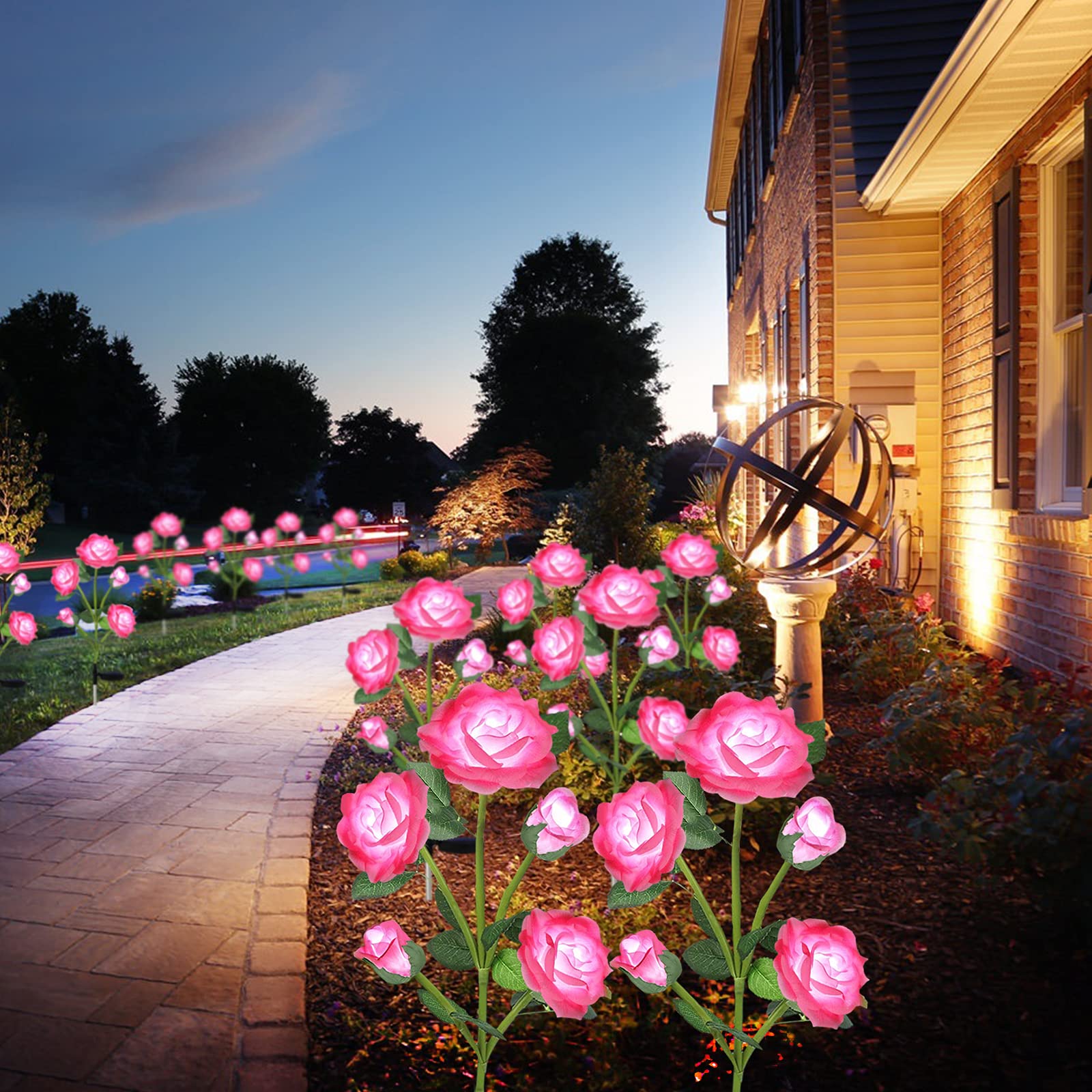 Smilingtown Solar Flower Lights Garden Decorations Outdoor Waterproof [Updated] 2 Packs 10 Pink Roses Solar Decorative Stake Lights For Patio Pathway Yard Lawn Decor