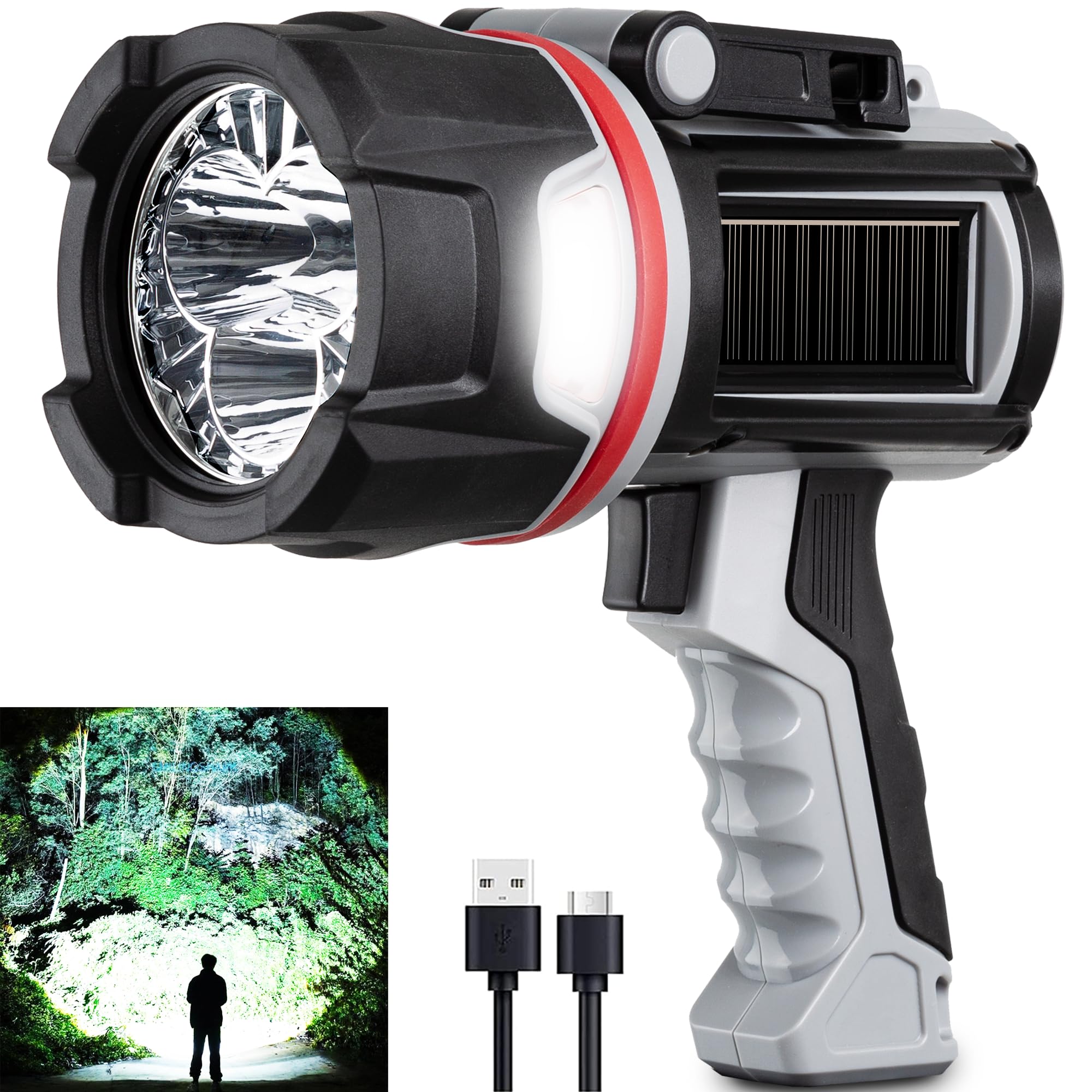 Moonasion Rechargeable Spotlight Flashlight, 3Led Bright 1500,000 Lumens 24H Long Lasting Handheld Spot Light With Solar Panels, Led Spotlight For Hunting Boating