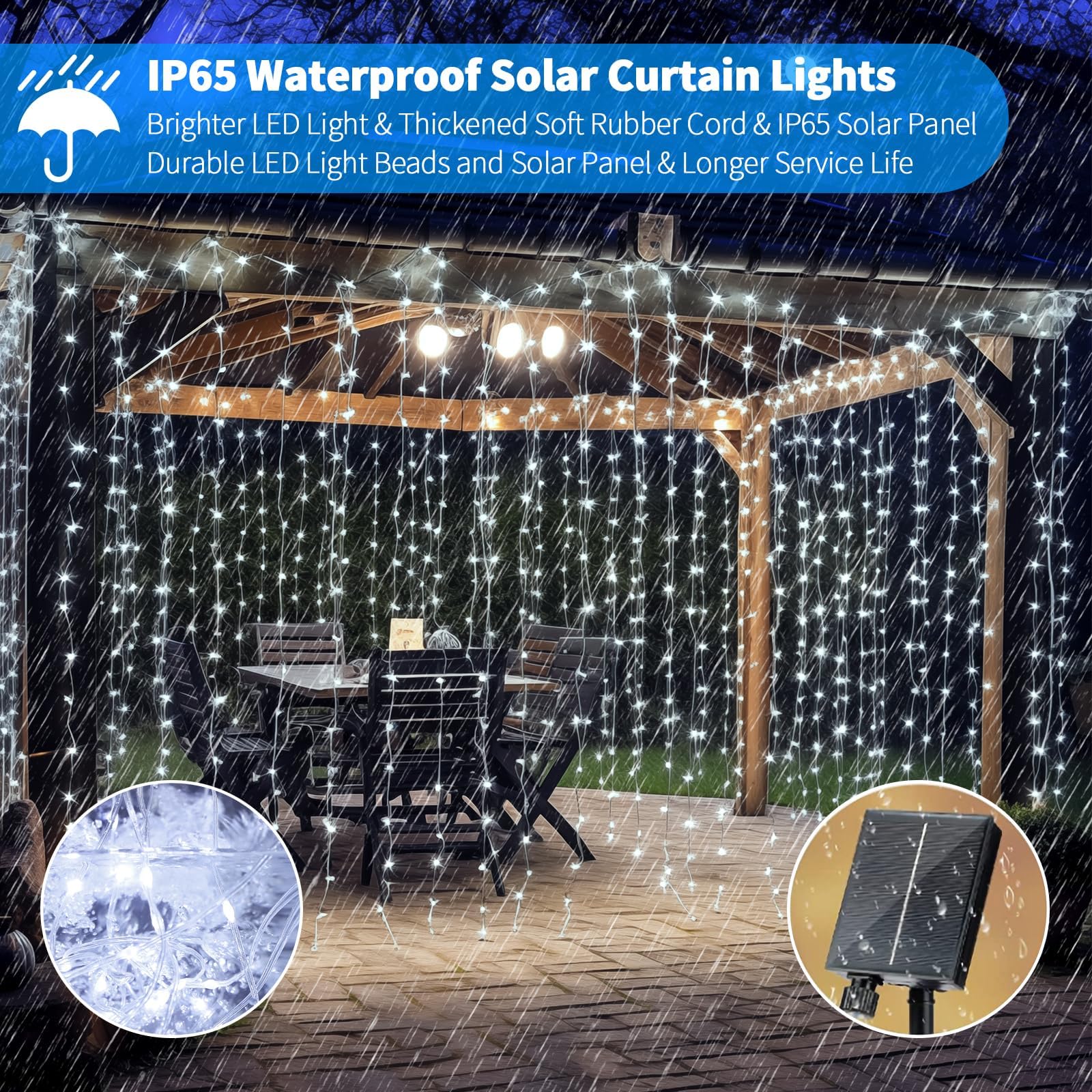 Rcndje 600Led Solar Curtain Lights Waterproof, 20  10Ft Twinkle String Fairy Light Remote Control 8 Mode Dimmable Solar Hanging Waterfall Lights With Usb Rechargeable For Outdoor (Cool White)