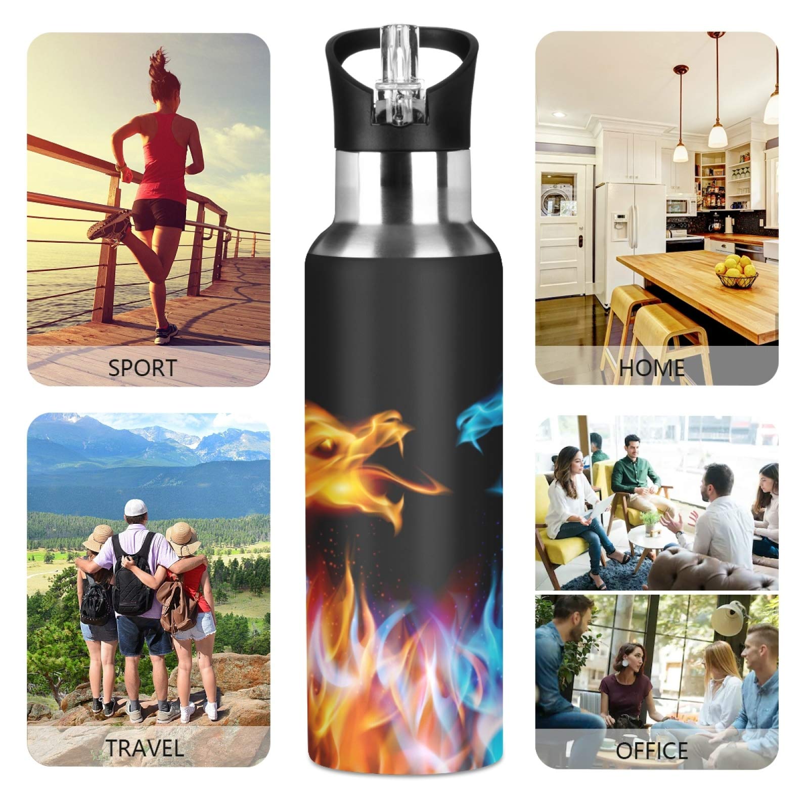 Qilmy 3D Printing Dragon Water Bottle Vacuum Insulated Stainless Steel Water Bottles With Straw