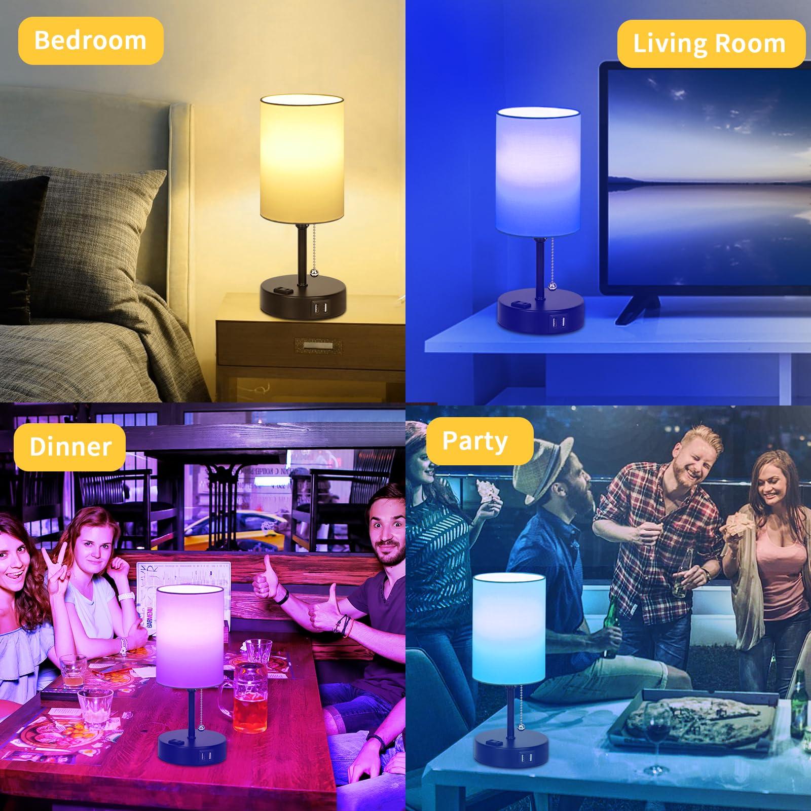 Abboraunt Rgb Smart Bedside Lamp For Bedroom Nightstand Lamp With 2 Usb Port And Outlet, Color Changing Bed Table Lamp With Voice & App Control & Music Sync, Night Stand Wifi Rgb Led Bulb Included