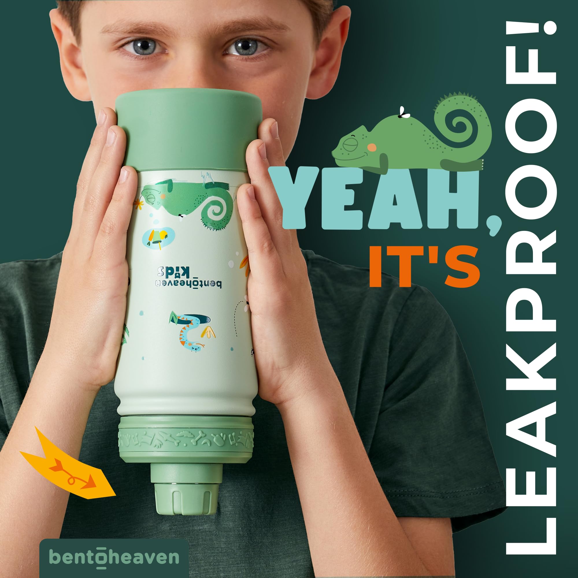 Bentoheaven Kids Water Bottle Stainless Steel For Boys & Girls, 2 Lids (Chug & Straw), Handle