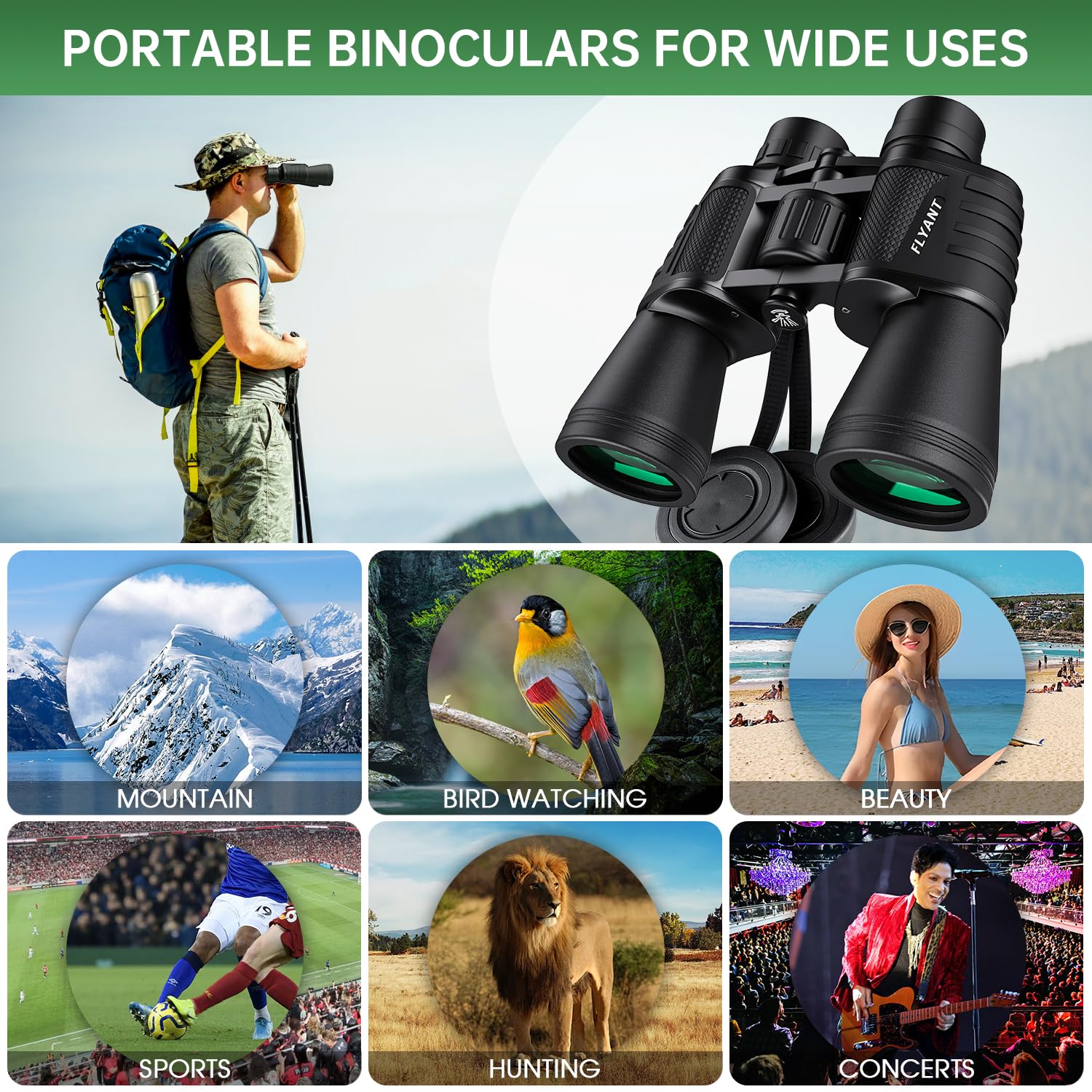 Flyant 20X50 High Powered Binoculars For Adults, Waterproof Compact Binoculars With Low Light Vision For Bird Watching Hunting Football Games Travel Stargazing Cruise With Carrying Bag