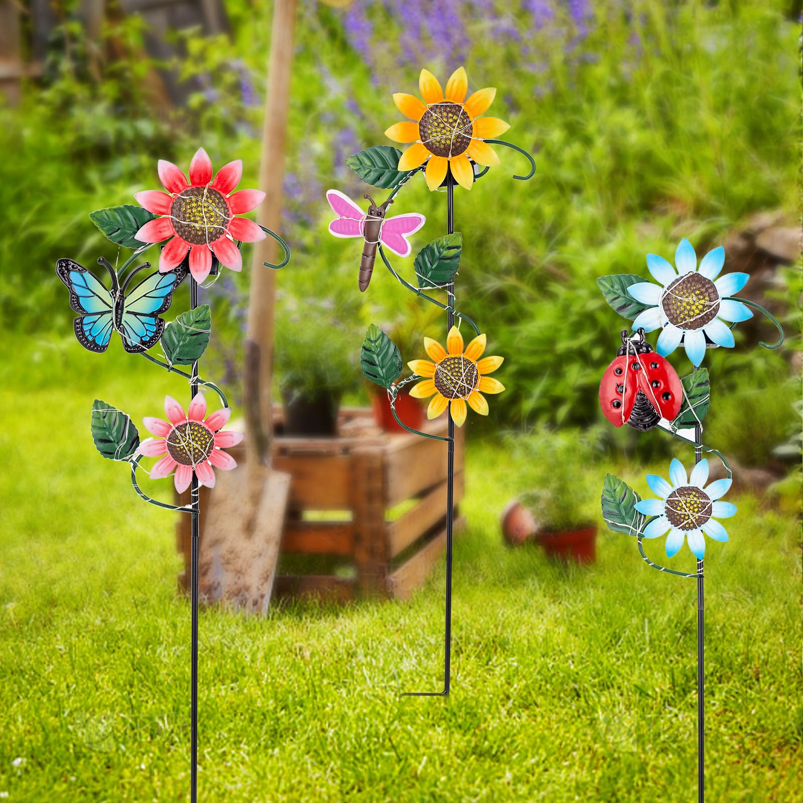 Qipade 3 Pack Solar Garden Light, Sunflower & Insect Metal Solar Stake Lights, Outdoor Statues Figurine Lights For Spring Garden Lawn Patio Yard Decor