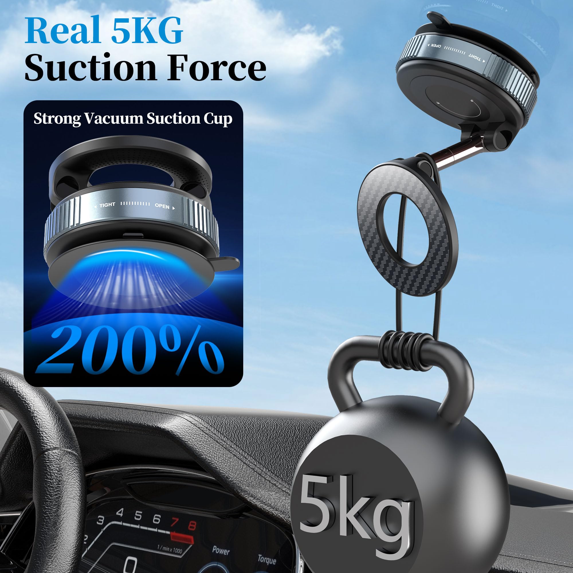 Plusacc Vacuum Magnetic Phone Holder For Car - Suction Cup Phone Mount 360° Rotatable Foldable Portable Strong Magnet Stand For Iphone 16/15/14/13 In Gym, Mirror, Smooth Surface, All Vehicles