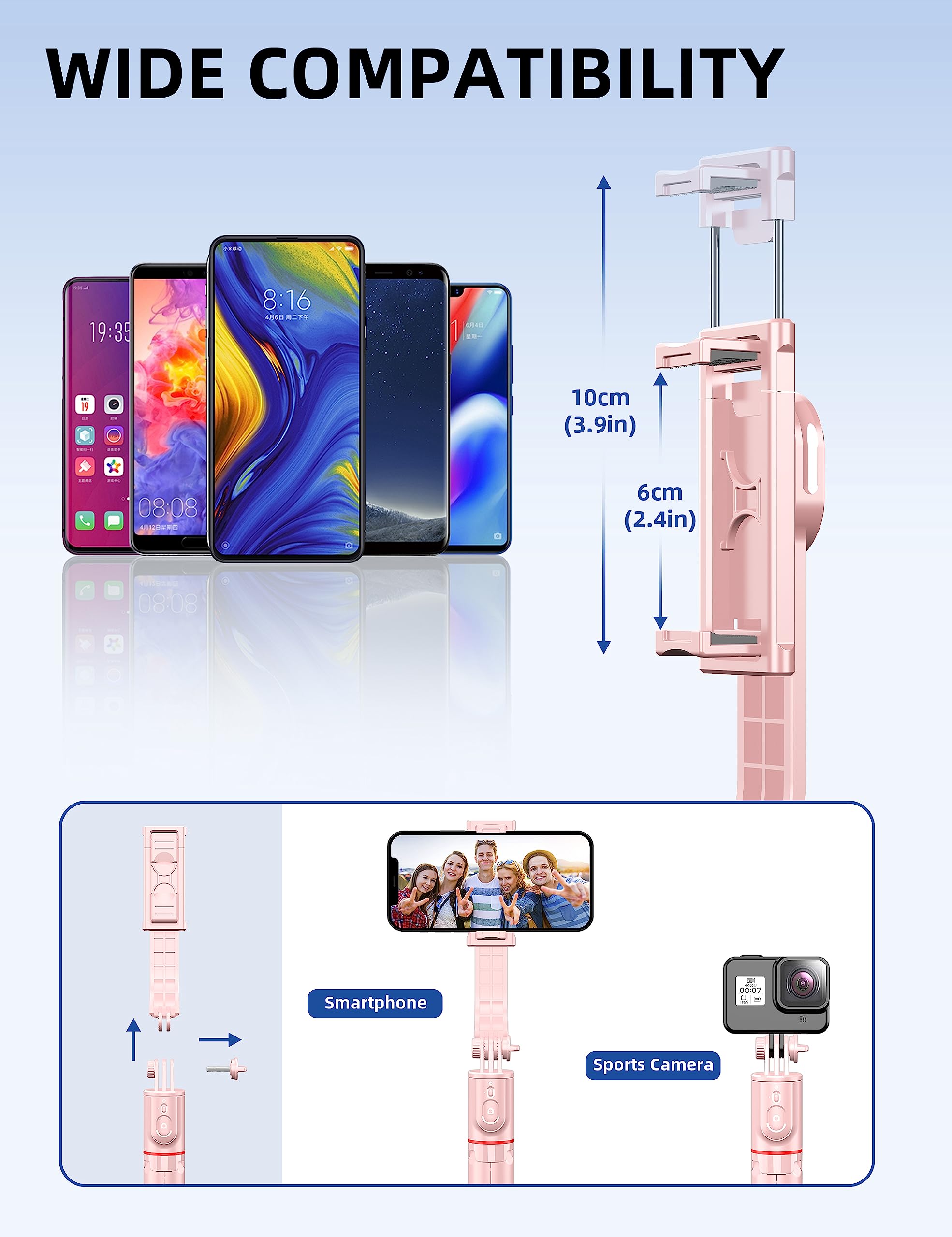 Selfieshow 41'' Phone For Tripod, Selfie Stick Tripod Stand With Wireless Remote Extendable Aluminum Cell Phone Tripod Stand 360°Rotate Lightweight & Portable Tripod Compatible With Iphone/Android (Pink)