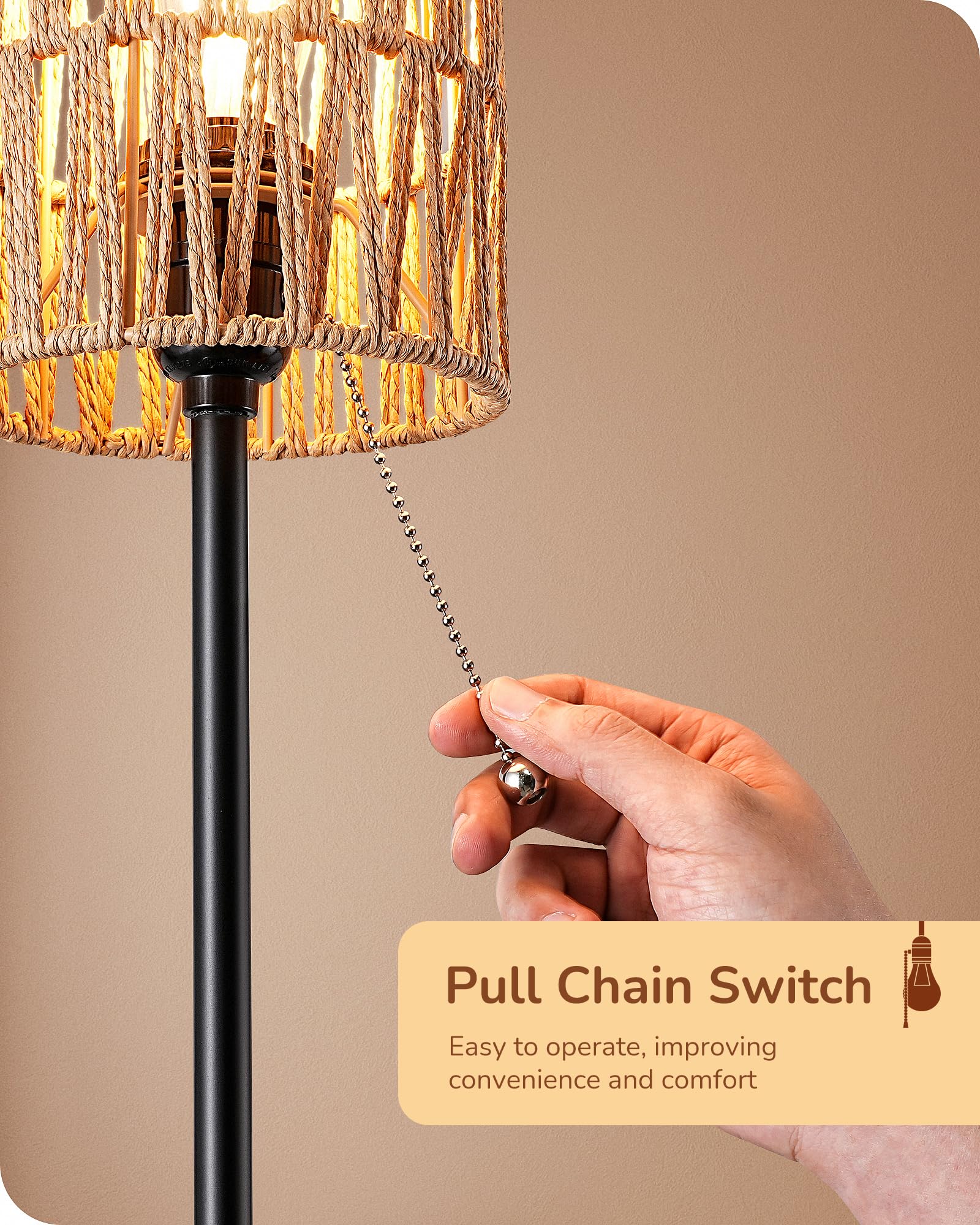 Edishine 19.1" Rattan Table Lamp, Tall Bedside Lamp With W-Knit Lampshade, Pull-Chain Switch & E26 Socket, Metal Base Boho Nightstand Lamp For Bedroom, Living Room, Office