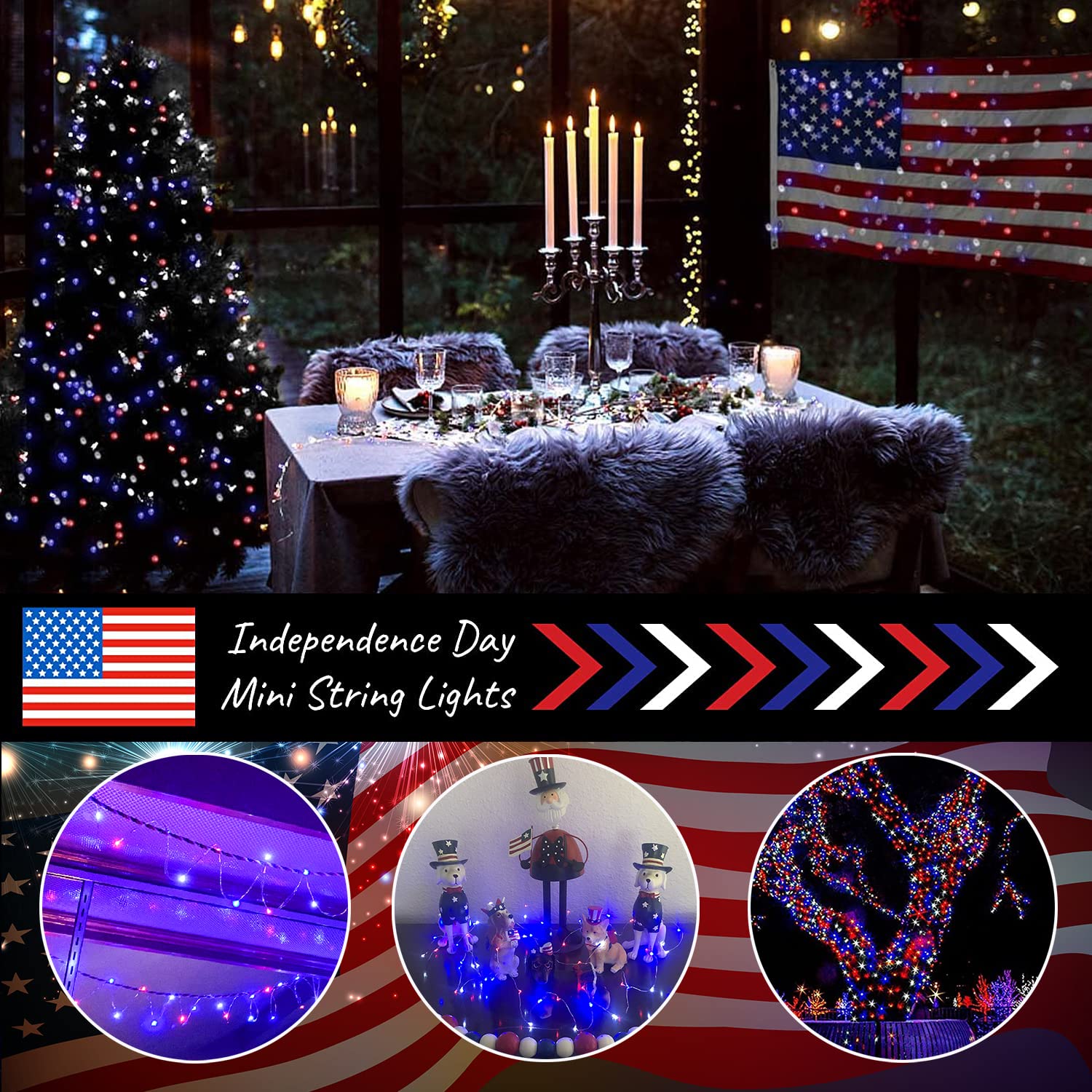 Yaozhou 4Th Of July Memorial Day Patriotic Decorations Solar String Lights Outdoor Waterproof-Red White And Blue Lights,2Pack Each 100Led 33Ft,Ip67 Waterproof 8 Modes Fairy Lights For Garden,Patio Yard