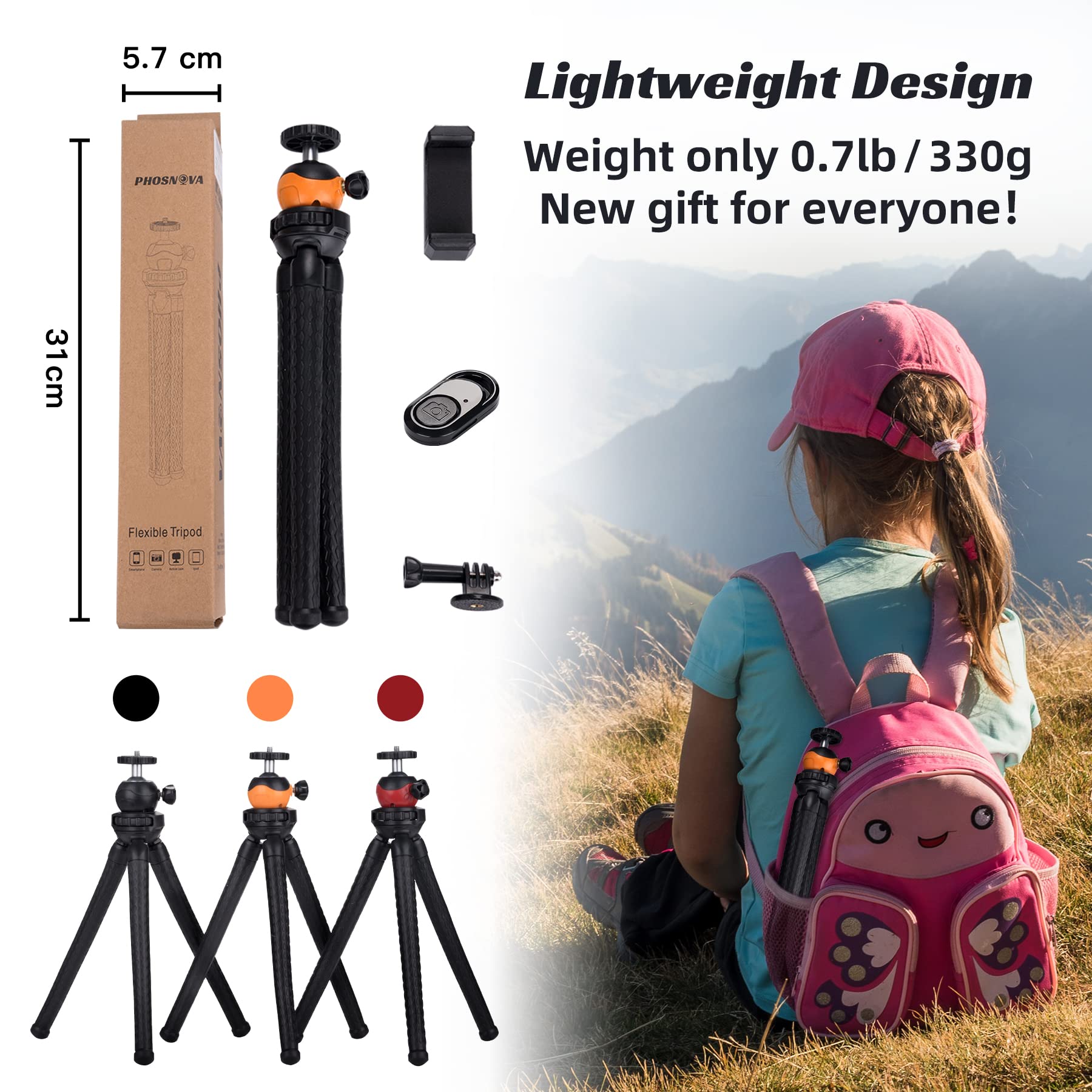 Phosnova Cell Phone Tripod Stand, Portable Flexible Tripod For Iphone With Wireless Remote, Camera Tripod, Double 360°Rotation Adjustable Mini Tripod For Iphone/Android/Gopro/Ipad/Dslr, Orange