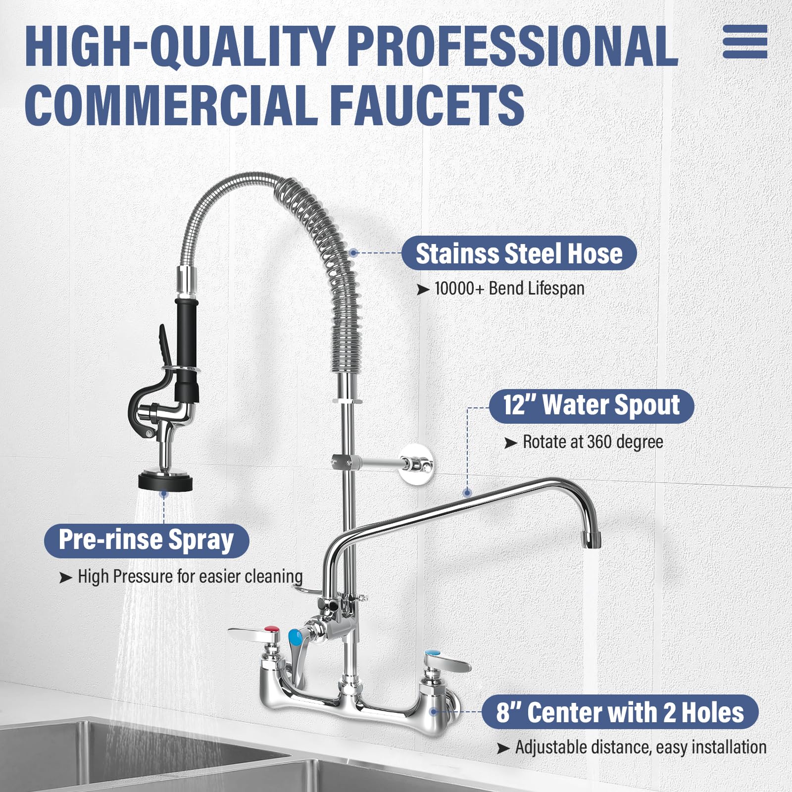Xeoca Commercial Faucet With Pre-Rinse Sprayer 8" Adjustable Center Wall Mount Kitchen Faucet 12" Swivel Spout 25" Height Compartment Sink Faucet Lead- Brass For Home And Industrial Restaurant