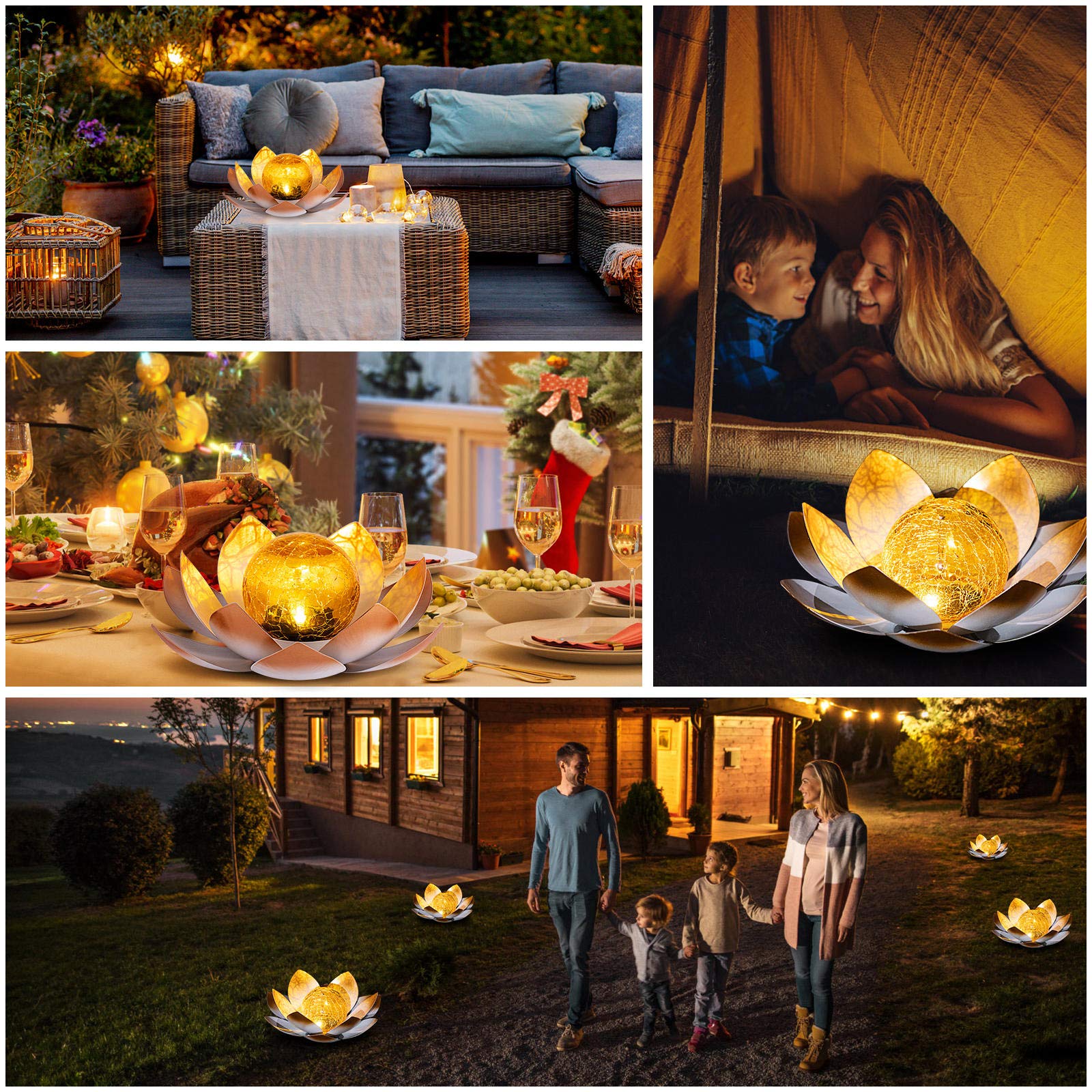 Aiiny Garden Solar Lights Outdoor(2Pack) , Amber Crackle Globe Glass Lotus Decoration , Waterproof Orange Metal Led Flower Lights For Patio,Lawn,Walkway,Tabletop,Ground, Garden  For Women
