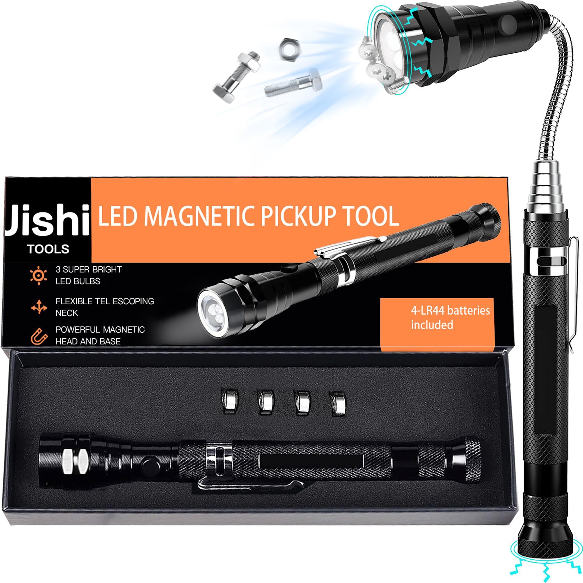 Jishi Magnetic Pickup Tool, Telescoping Magnet Led Flashlight,  For Men, Adults, Dad, Husband, Stocking Stuffers, Multitool, Aluminum Handle