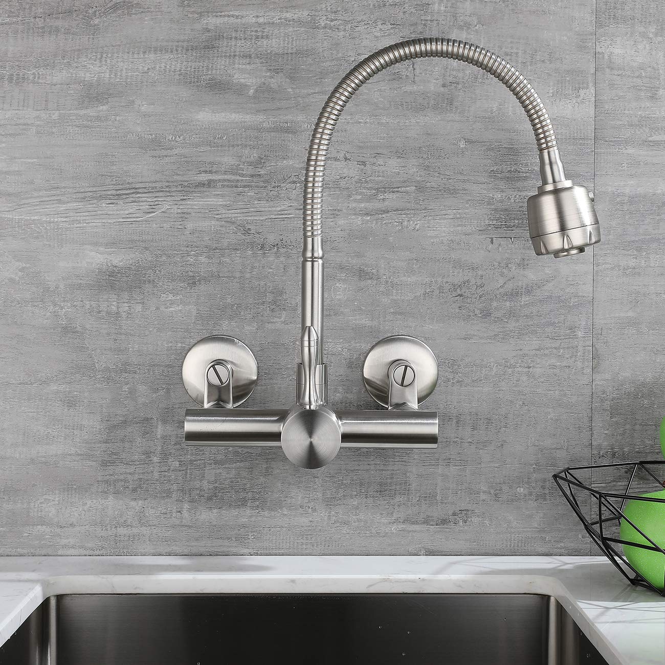 Wazzj Wazzj-Kitchen Wall Faucet Brushed Nickel Wall Mounted Faucet 3" To 9" Adjustable Spread