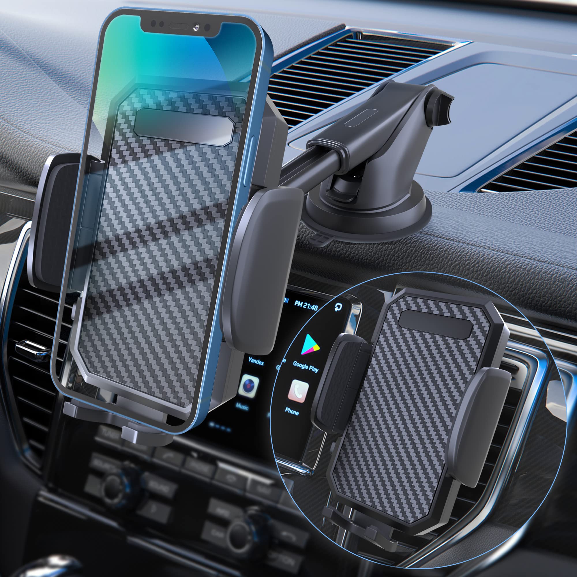 Fbb Phone Mount For Car, [ Off-Road Level Suction Cup Protection ] 3In1 Long Arm Suction Cup Holder Universal Cell Phone Holder Mount Dashboard Windshield Vent Compatible With All Smartphones