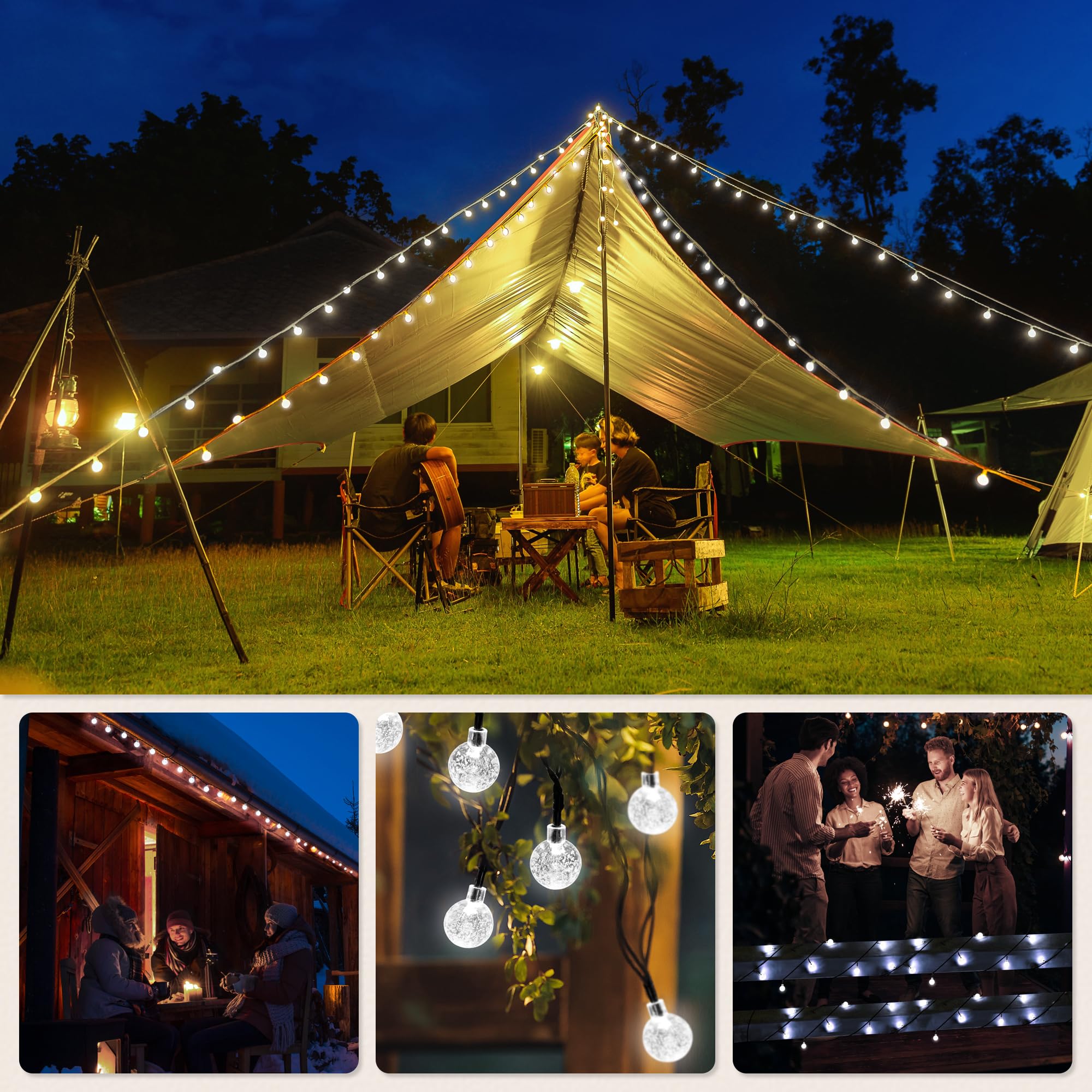Domihue Solar Lights Outdoor Waterproof, Total 36 Ft 60 Leds Crystal Globe Lights With 8 Modes, Solar String Lights For Outside, Patio Porch Garden Yard Christmas Wedding Party Decor (Cool White)