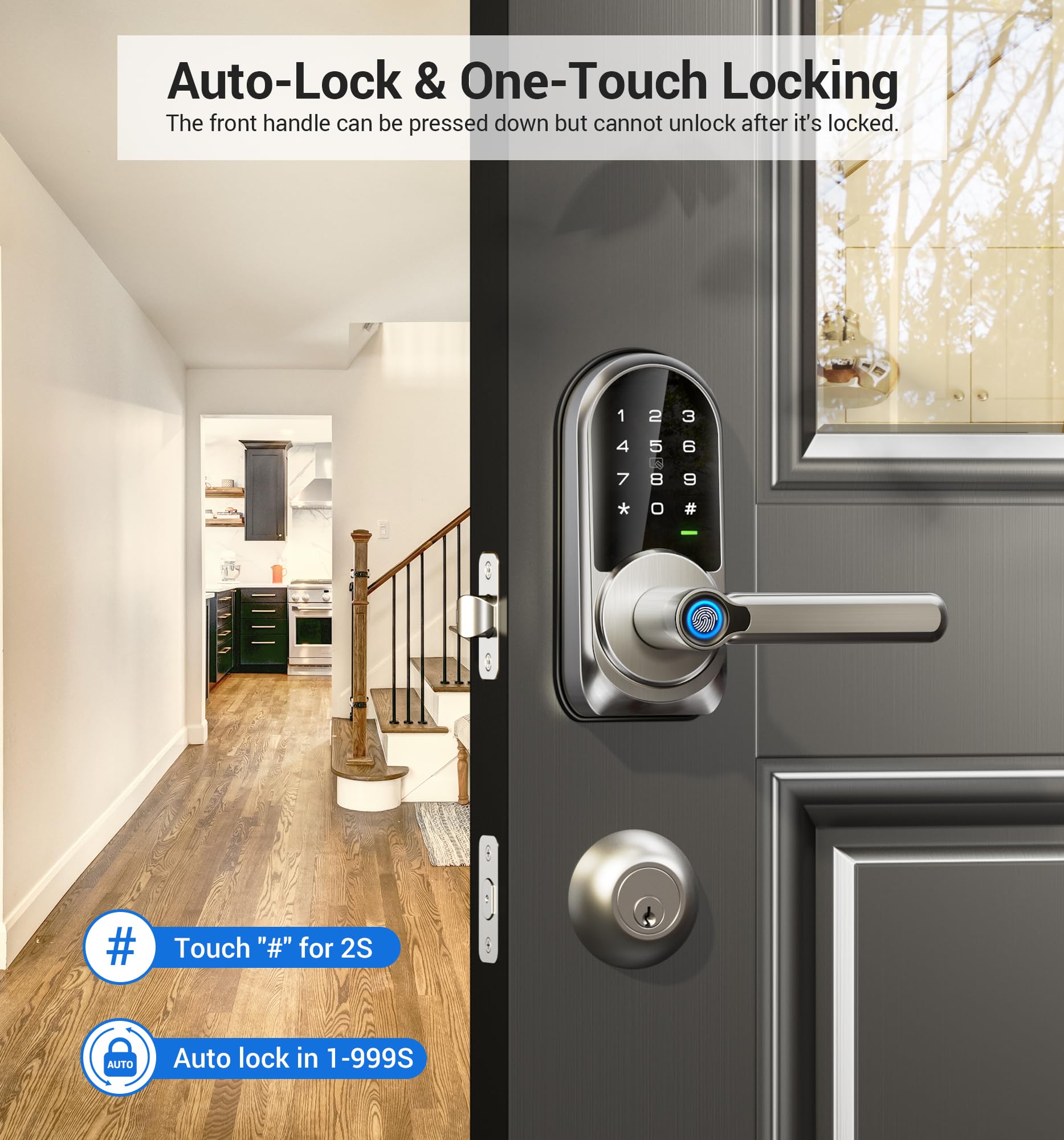 Veise Rz09 Smart Lock, 7-In-1 Keyless Entry With Handle Set, App Control Fingerprint Deadbolt For Front Door, Electronic Digital Locks With Keypad, Satin Nickel