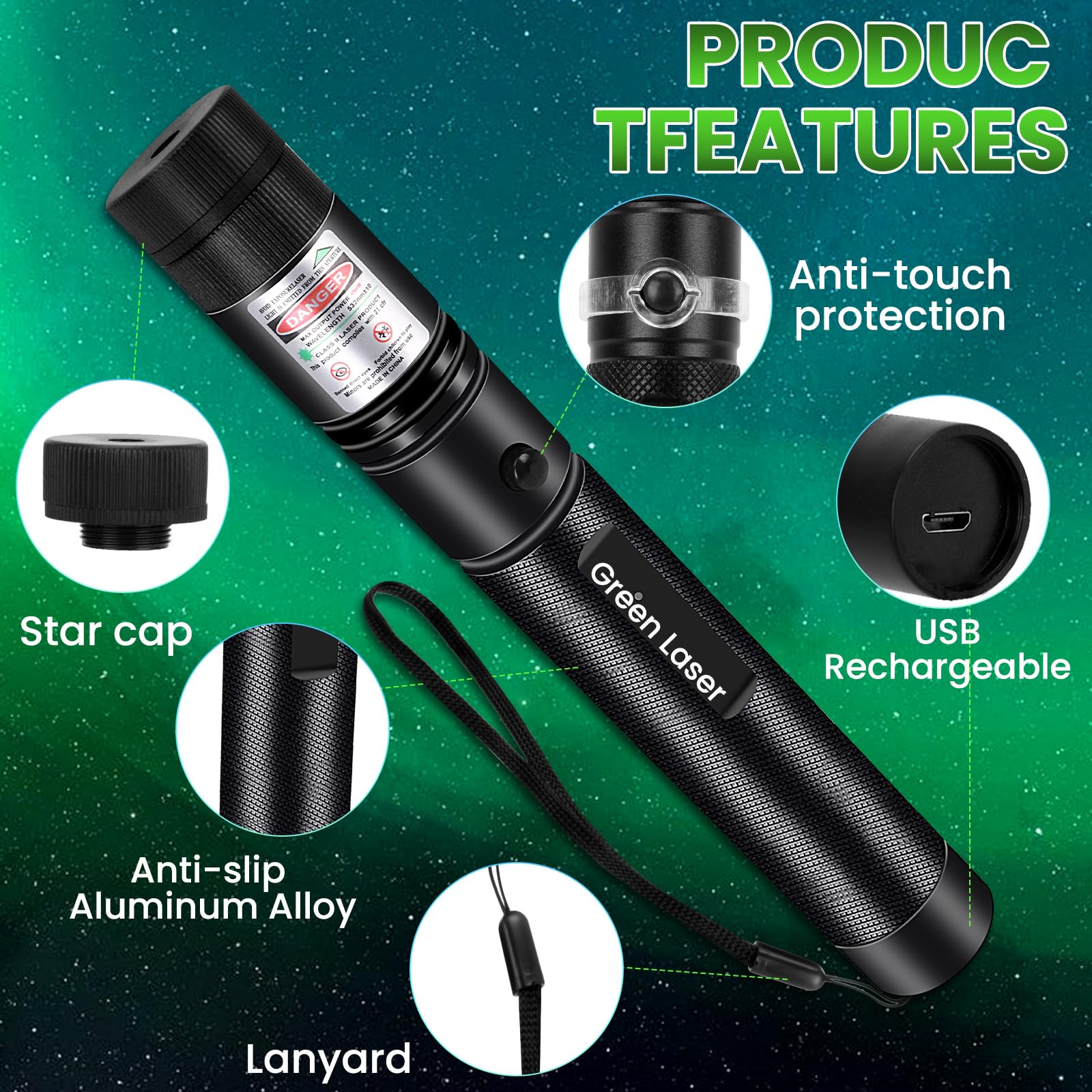 Fuiikeem Long Range Beam focus, Rechargeable Flashlight With Green Beam focus For Night Astronomy Outdoor Camping Hunting