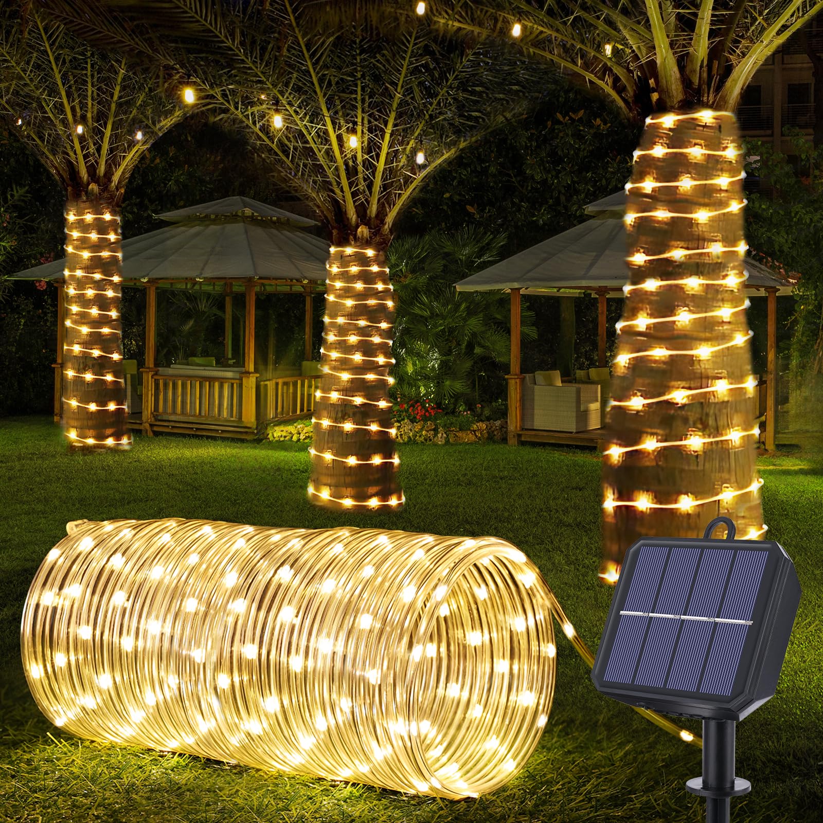 Jnaurb Solar Rope Lights, 66Ft 200Led Solar String Lights, 8 Modes Waterproof Solar Powered Outdoor Light, Flexible Clear Tube Light For Garden, Backyard, Patio, Deck, Porch, Pool, Tree Decor - Warm White