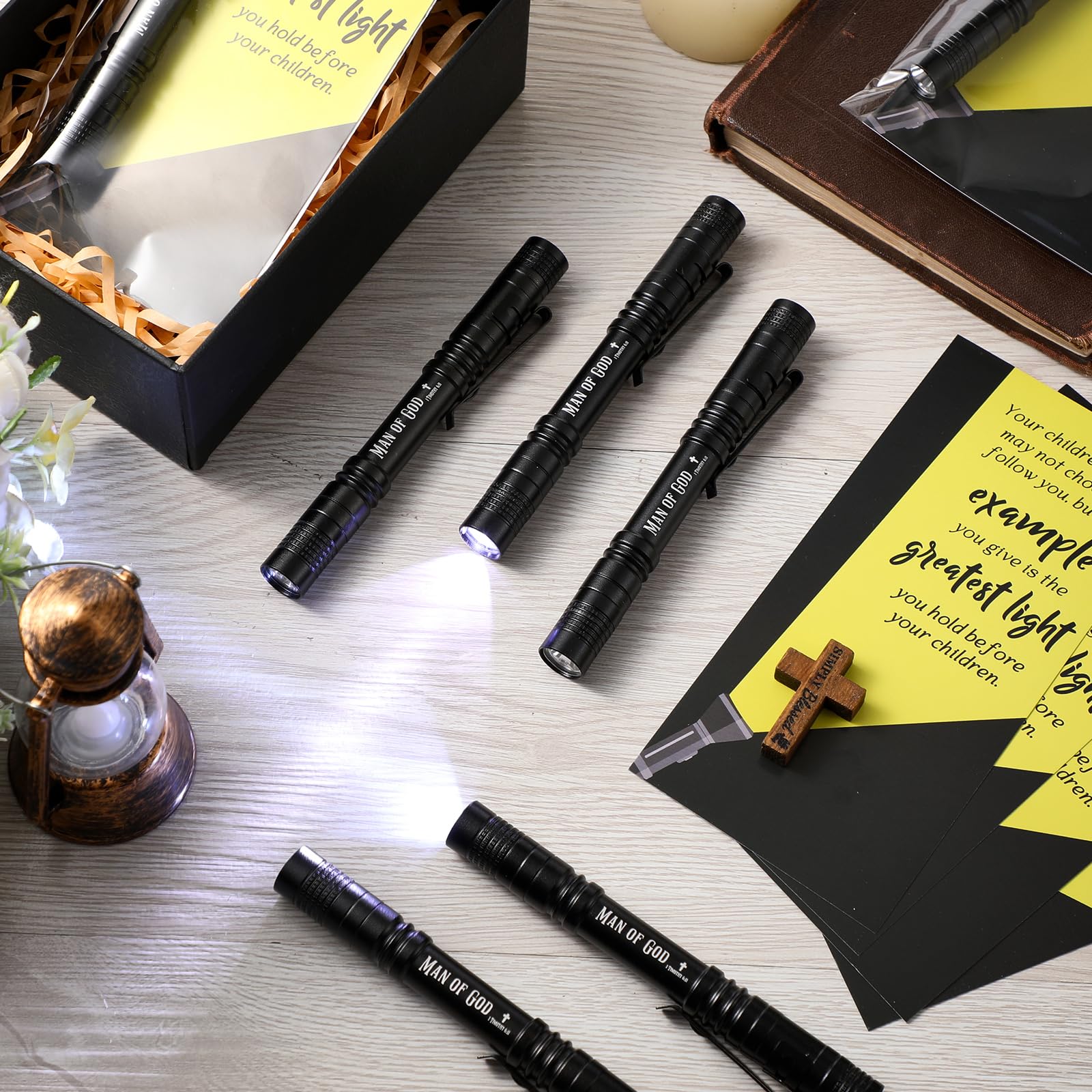 Coume 10 Sets Fathers Day Pen Flashlight  For Men Small Pocket Flashlight With Motivational Bible Verse Cards Appreciation  For Church Bulk Dad Husband, Not Include Batteries