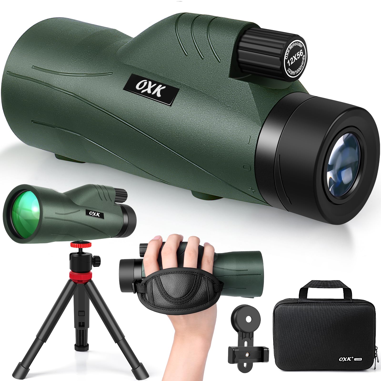 Oxk Optics 12X56 High Power Monocular Telescope With Smartphone Adapter Tripod Bag, Lightweight Monoculars For Adults With Bak4 Prism & Fmc Lens, Suitable For Bird Watching Camping - Army Green