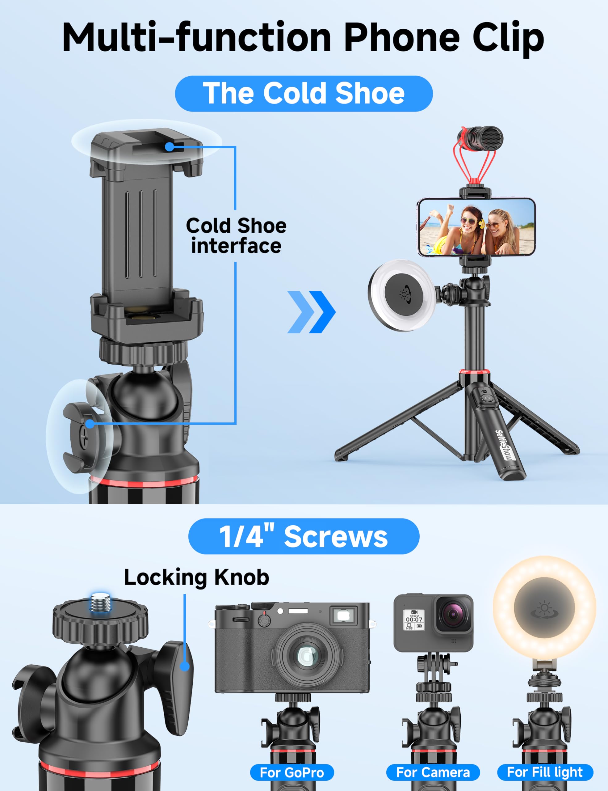 Selfieshow Aluminum Selfie Stick Phone Tripod, 360° Ball Head Tripod For Iphone With Cold Shoe, Extendable Smartphone Tripod Stand With Remote Portable Travel Tripod Compatible With Iphone 16/15/14/13/Android