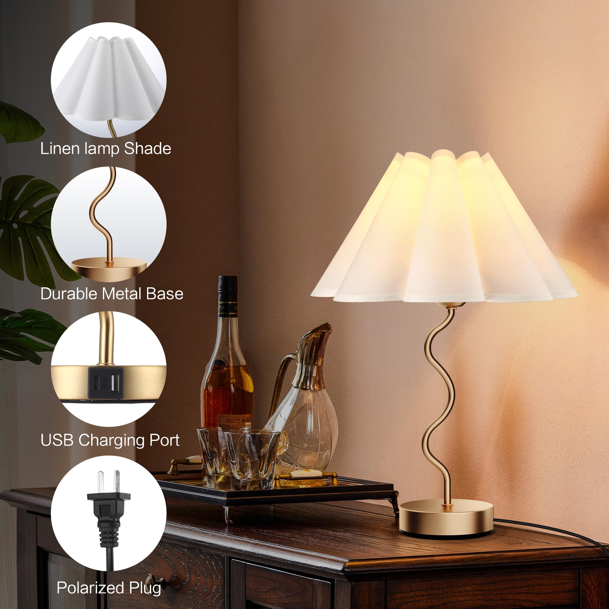 Dolymoly Small Table Lamp Pleated Table Lamp 3 Way Dimmable Touch Lamps For Night Stands With Usb C+A Ports Bedside Nightstand Lamp Morden Desk Lamp For Bedroom Home Kitchen Living Room Kids Room Nursery