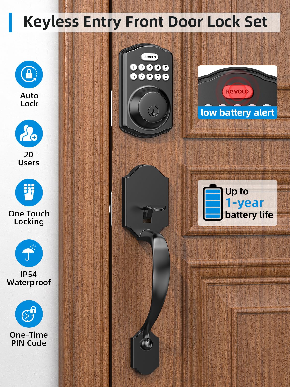 Revolo Re001 Electronic Keypad Deadbolt, Keyless Entry Door Lock, Smart Keyed Entry With Handle, Auto Lock, Front Door Handle Sets, Anti-Peeking Password, Matte Black