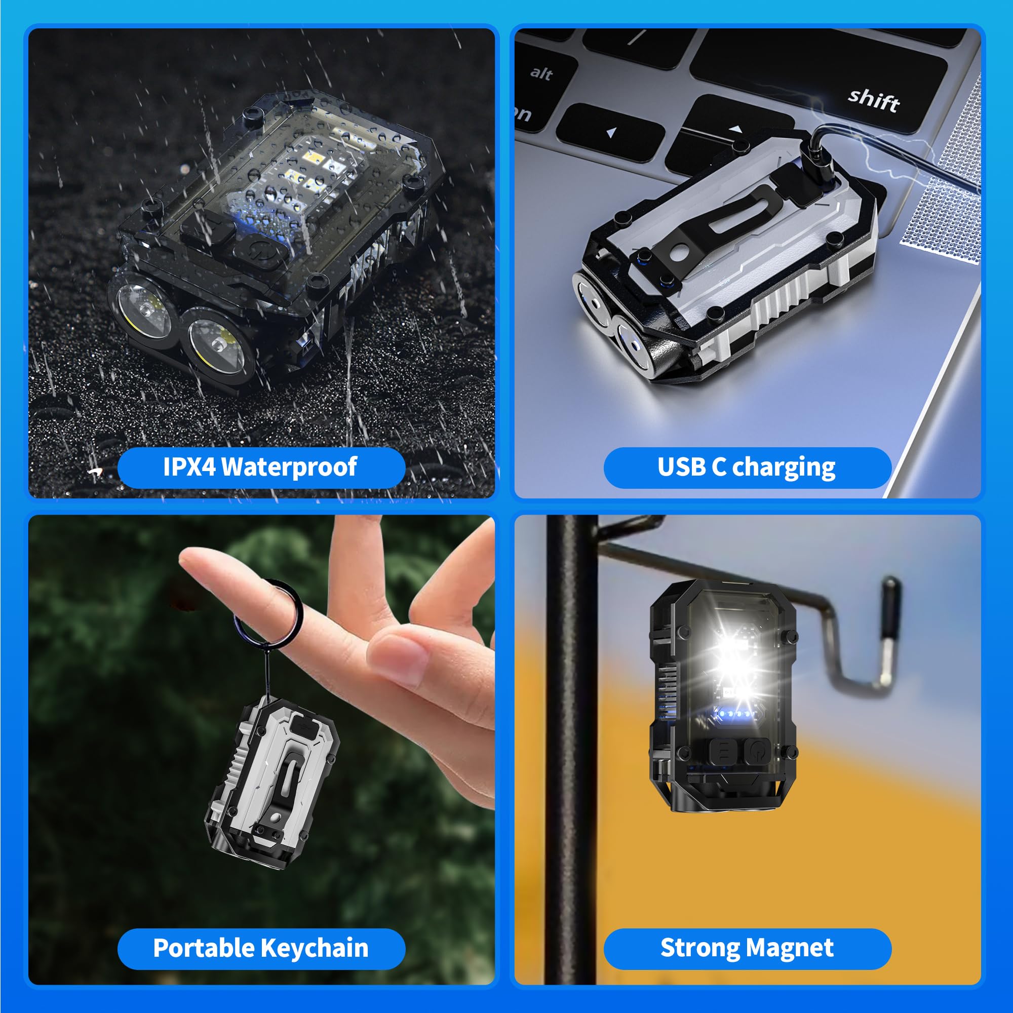 Pinsai Mini Keychain Flashlight With Clip, Led Magnetic Edc Key Chain Light For Mechanics With Cob Sidelight, Usb C Rechargeable Small Multi-Use Waterproof Light For Work Car Repair Emergency