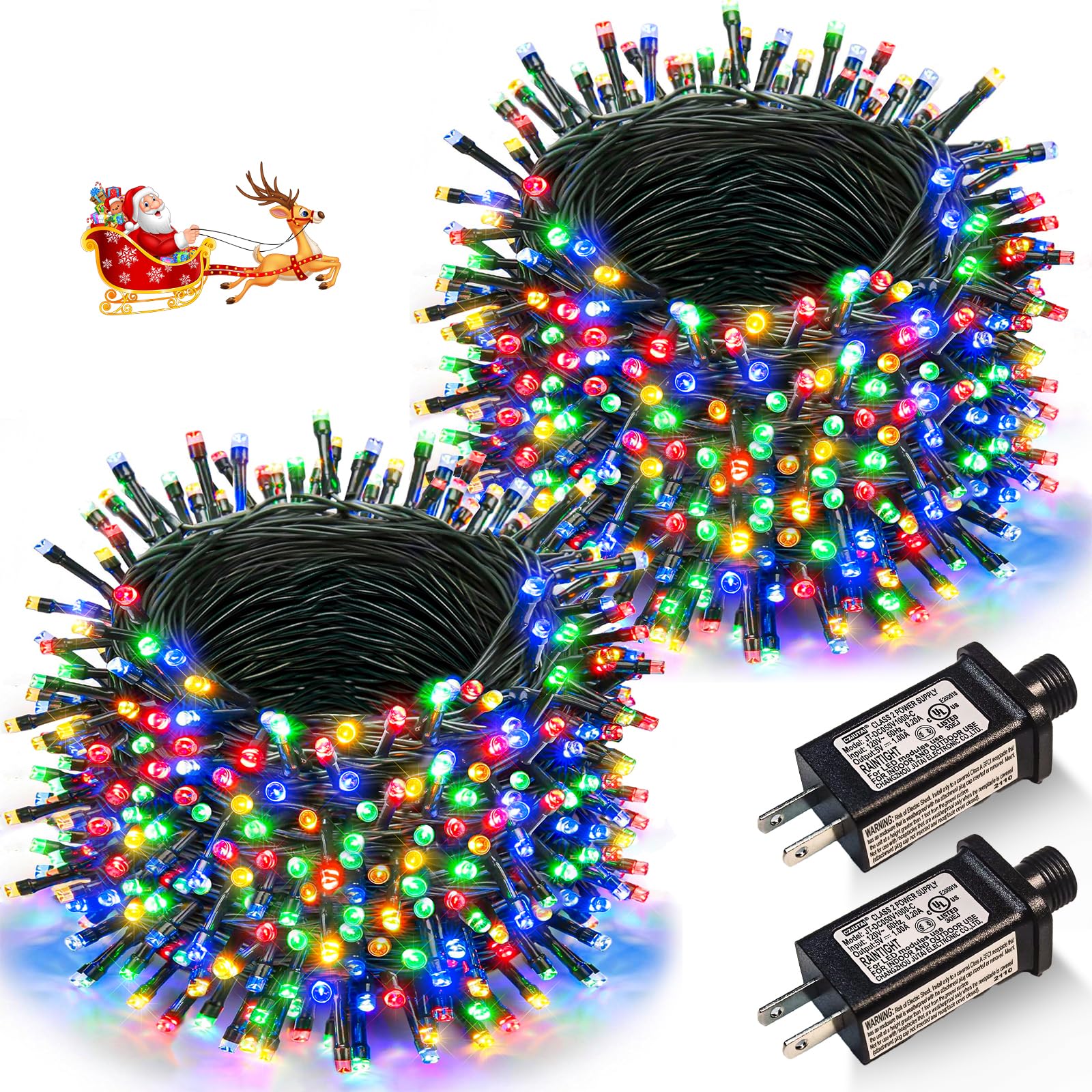 Nielfoi 2 Pack Christmas Lights Outdoor, Total 200Ft 600Led Christmas Tree Lights With 8 Modes Waterproof, Green Wire String Lights For Outside Patio Yard Tree Wedding Holiday Decorations, Multicolor
