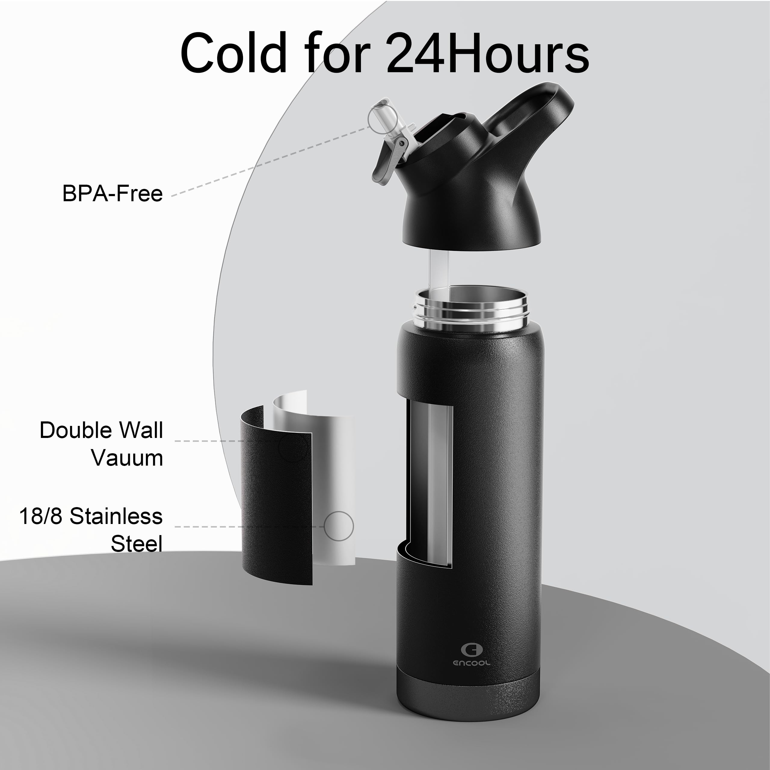 Insulated Water Bottle With Straw - Encool Stainless Steel Water Bottle, Reusable Leakproof