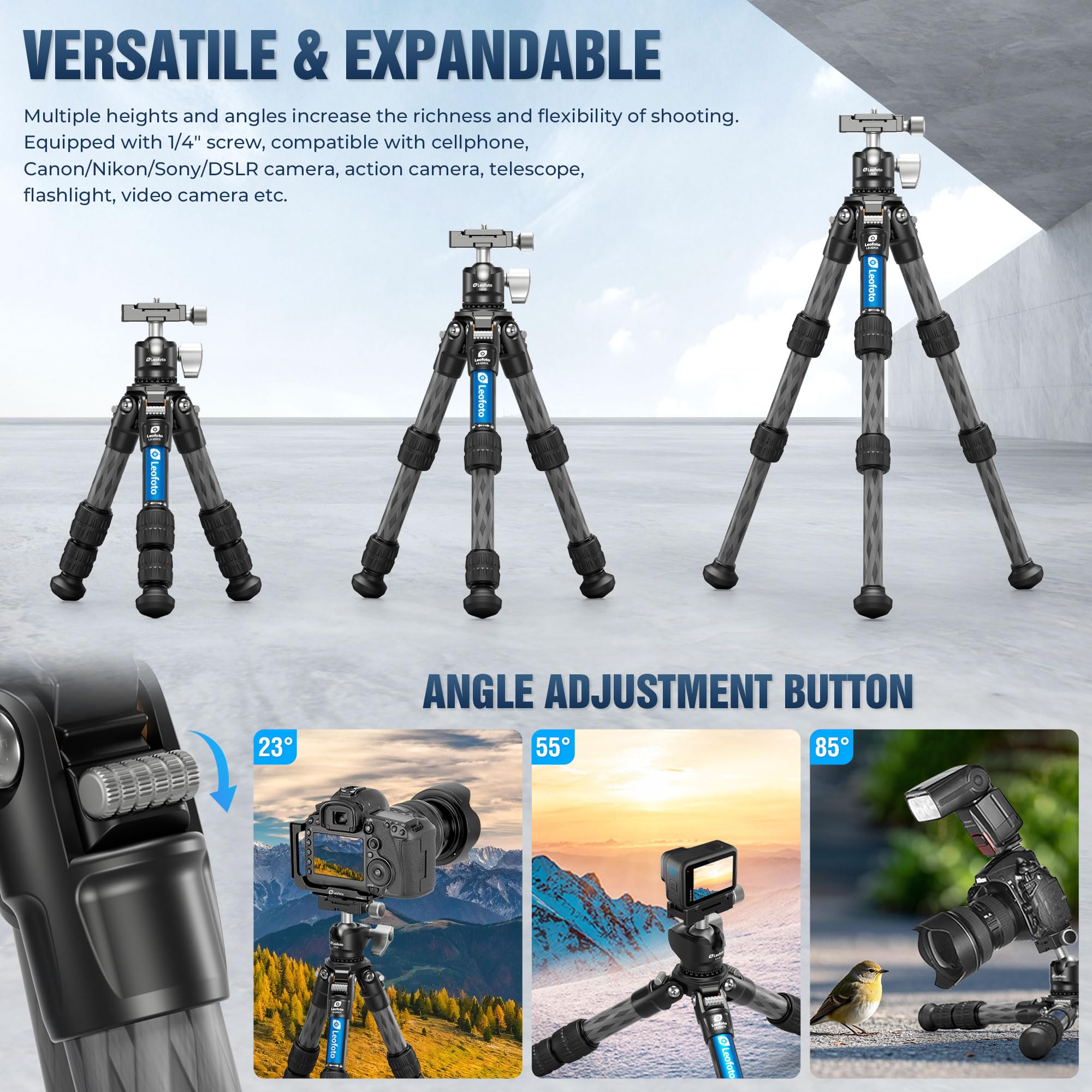 Leofoto Carbon Fiber Travel Tripod With 360° Ball Head, Mini Desktop Tripod For Dslr Camera, Folded Height 10.6", Max Height 14.5″, Max Load 10Kg/22Lbs