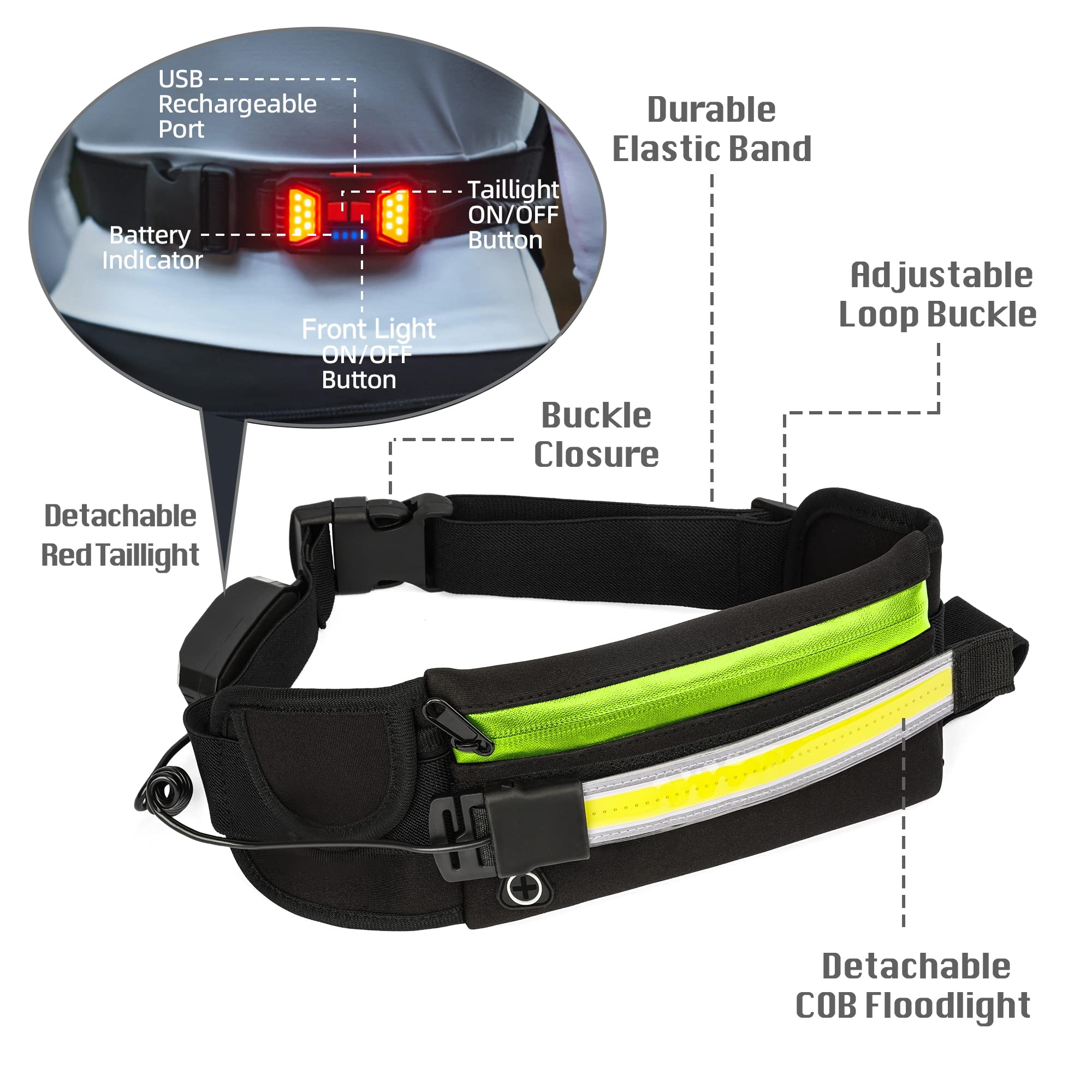 Hopedone Running Light, 230°Wide-Angle 1000Lumens Night Running Light On Running Waist Belt Rechargeable Running Safety Lights With Adjustable Large Pocket Fanny Packet For Runners Jogging (Black)