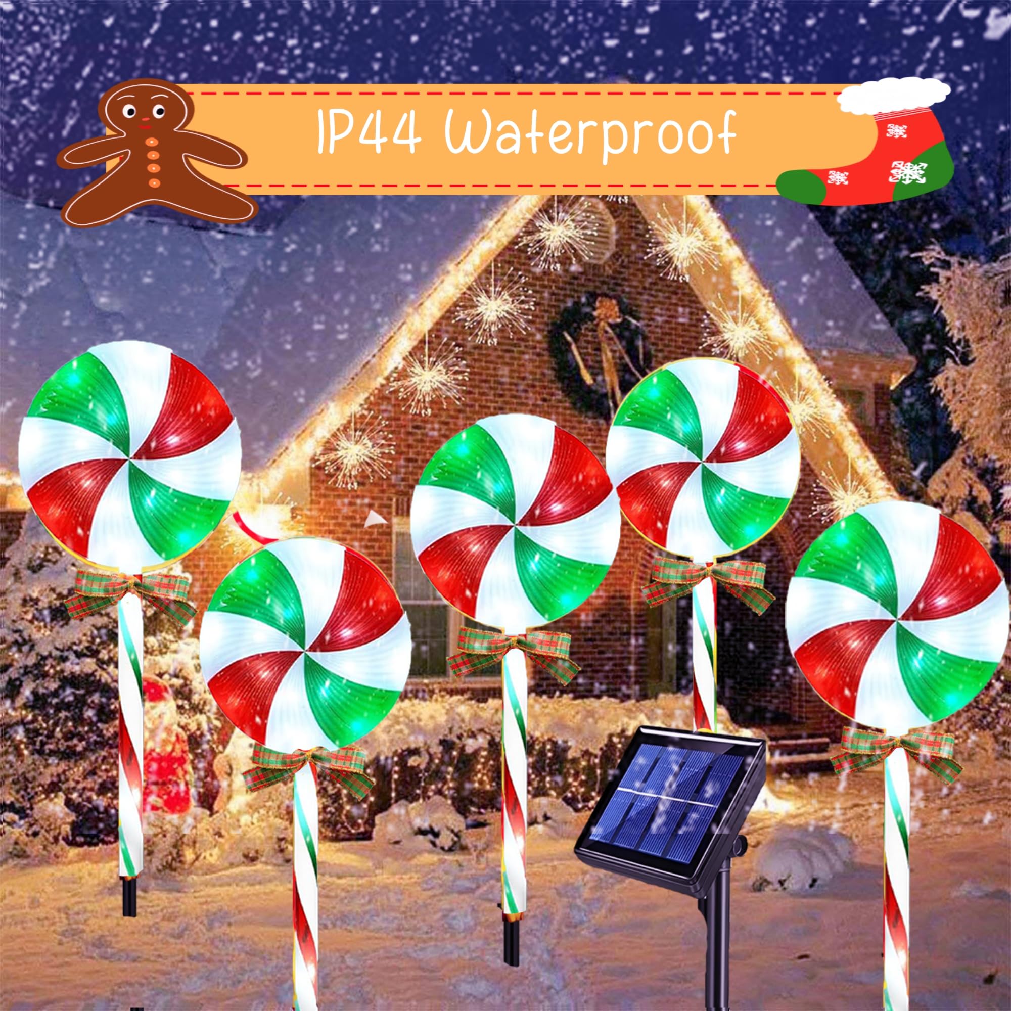 Ijmio 10 Packs Christmas Pathway Lollipop Lights With Bow Tie Solar Powered Outdoor Waterproof Xmas Candy Cane Path Landscape Decorative Stake Lights 2 Solar Panel + 10 Lights