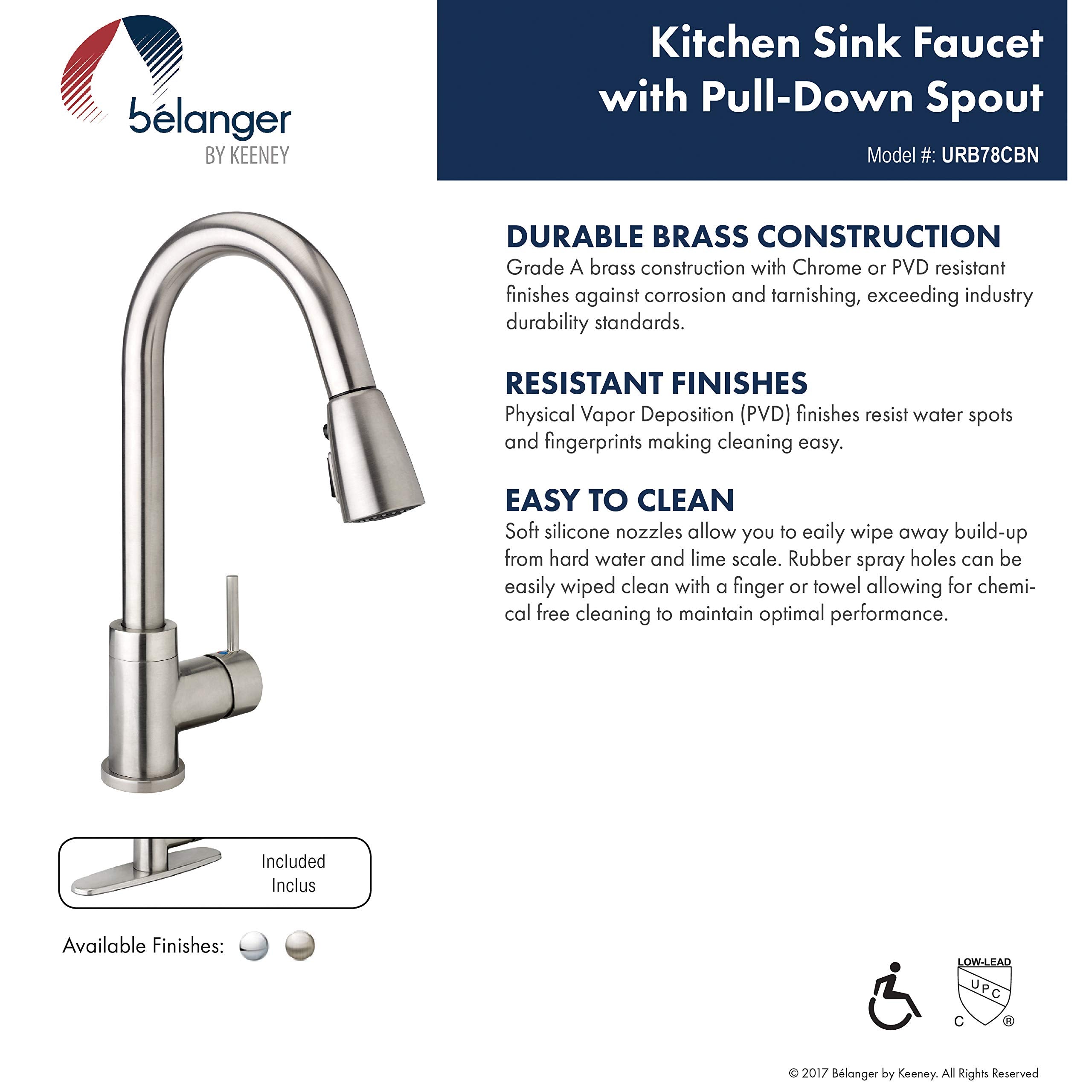 Keeney Urb78Cbn Single Handle Pull Down Kitchen Faucet With Dual Spray Pattern And Pause Button, Brushed Nickel