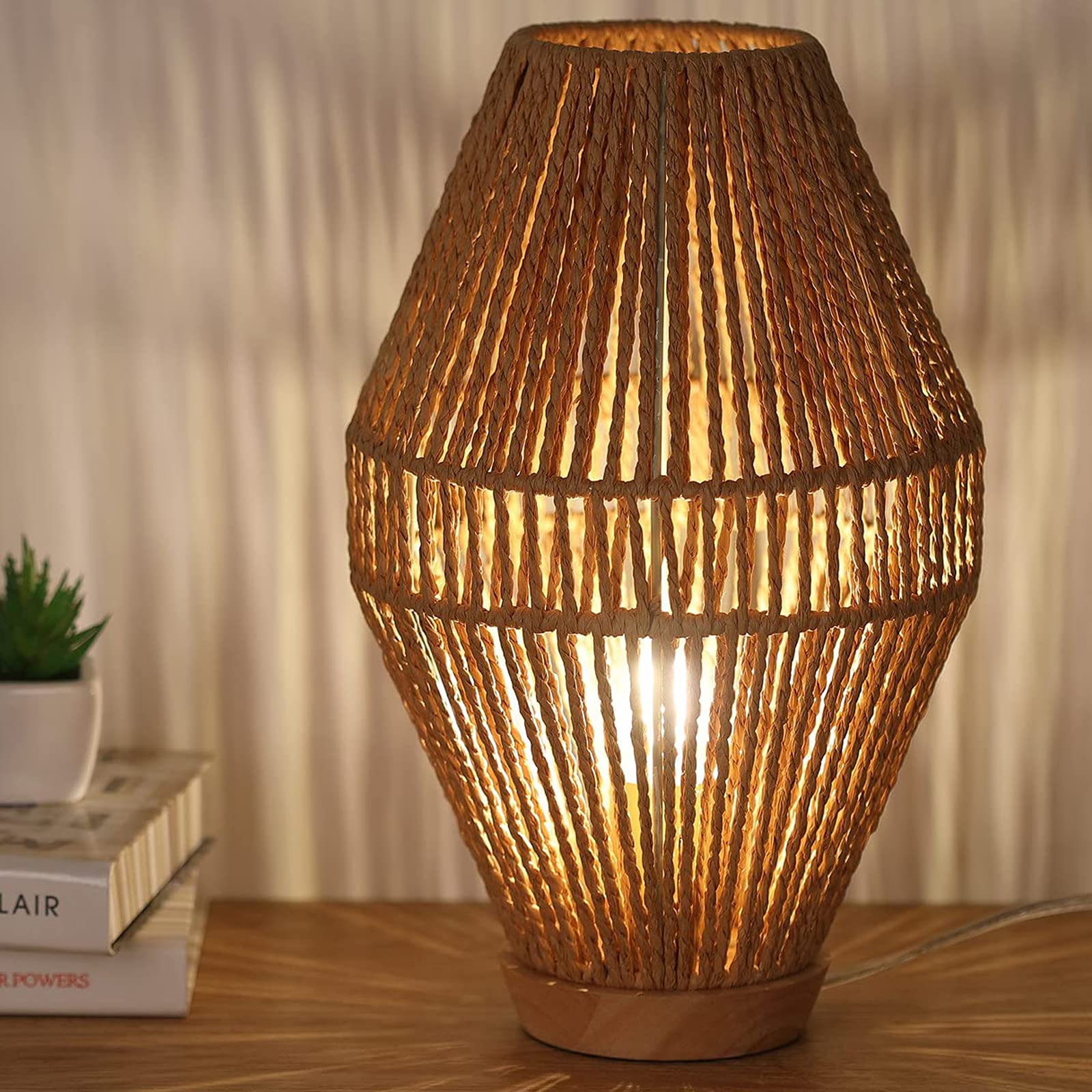 Sainsbarry Boho Table Lamps For Bedroom & Living Room - Small Natural Woven Basket Lanterns With Paper String Shades