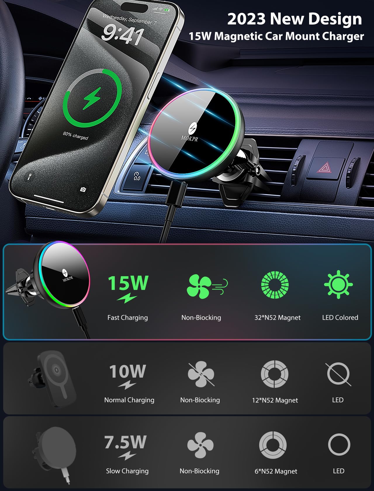 Mokpr For Magsafe Car Mount Charger-15W Wireless Car Charger-Magnetic Car Phone Holder For Dash Air Vent-Led Rgb Hands Car Mount Fast Car Charger For Iphone 14/13/12 Series