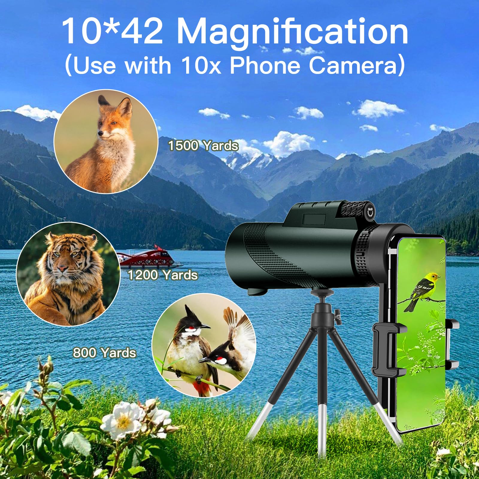 Budatao 10X42 Hd Monocular Telescope For Adults, High Powered Compact Bak-4 Prism & Fmc Lens, With Smartphone Holder & Tripod, Stargazing Hunting Bird Watching, Camping Hiking Travel Accessories (Green)
