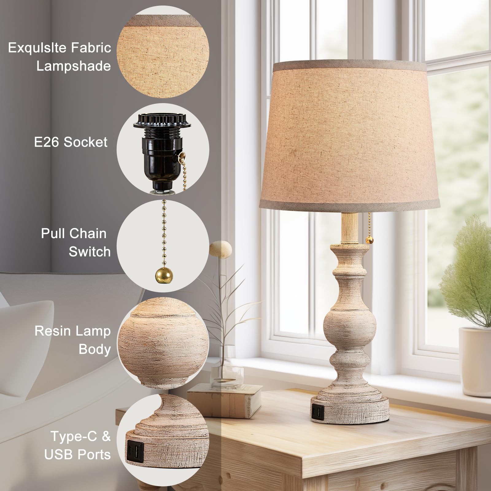Booucuu Table Lamp For Bedroom Set Of 2 Farmhouse Bedside Lamps For Nightstand With Usb C+A Charging Ports Traditional Table Lamps For Living Room - Pull Chain Switch, Bulbs Not Included
