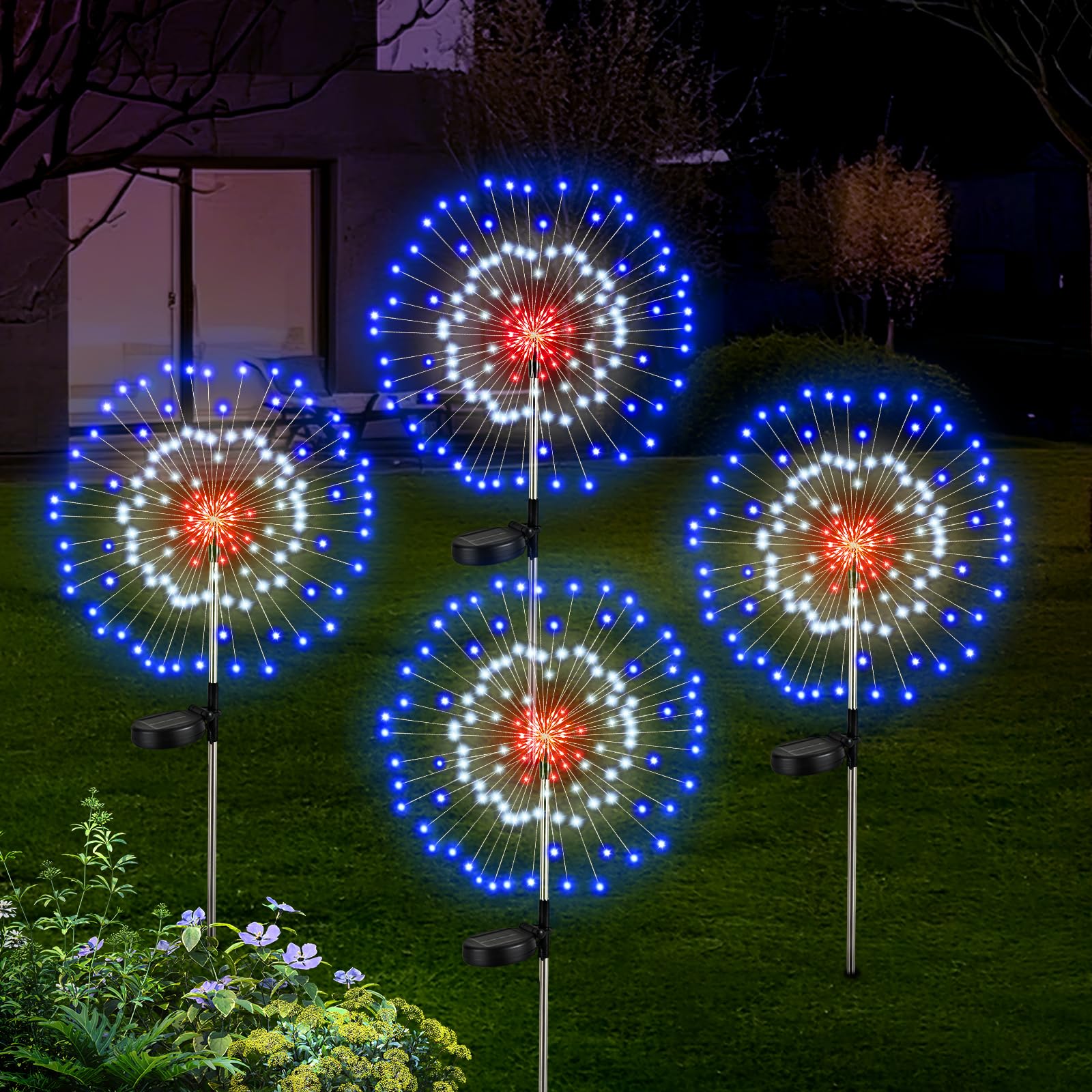 Lewondr 4Th Of July Firework Solar Garden Lights, Red Blue White Solar Firework Lights With 120 Led 2 Lighting Modes, Outdoor Waterproof Yard Lighting For Independence Day Memorial Day Decor, 4 Pack