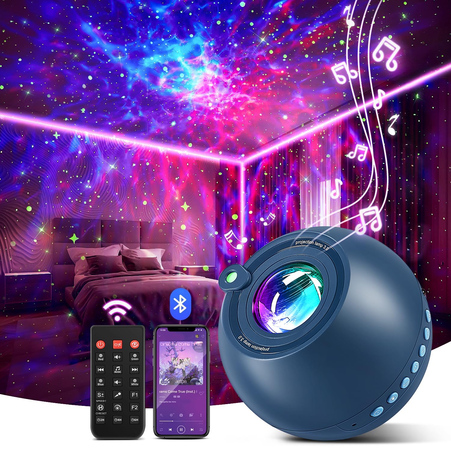 Pikoy Star Projector,15 Colors Galaxy Projector For Bedroom,15White Noise Light Projector For Bedroom,5.0 Bluetooth Night Light Projector,Nebula Projector Star Lights