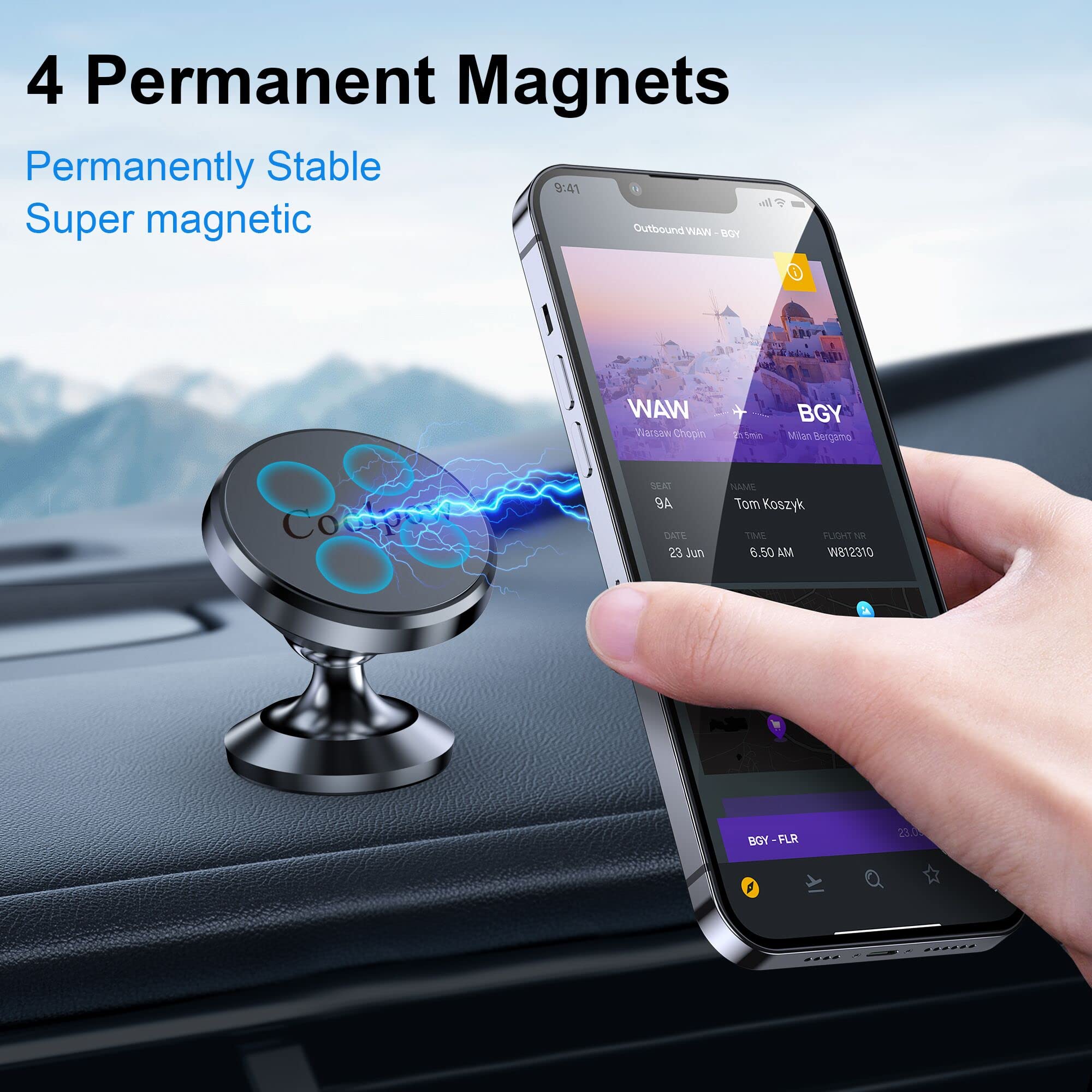 Coolpow 【2-Pack】 Magnetic Phone Holder For Car, [Strong Magnet] Magnetic Phone Mount For Car [4 Metal Plate] Iphone Magnetic Car Mount For Cell Phone [360° Rotation] Universal Dash Car Phone Holder Mount