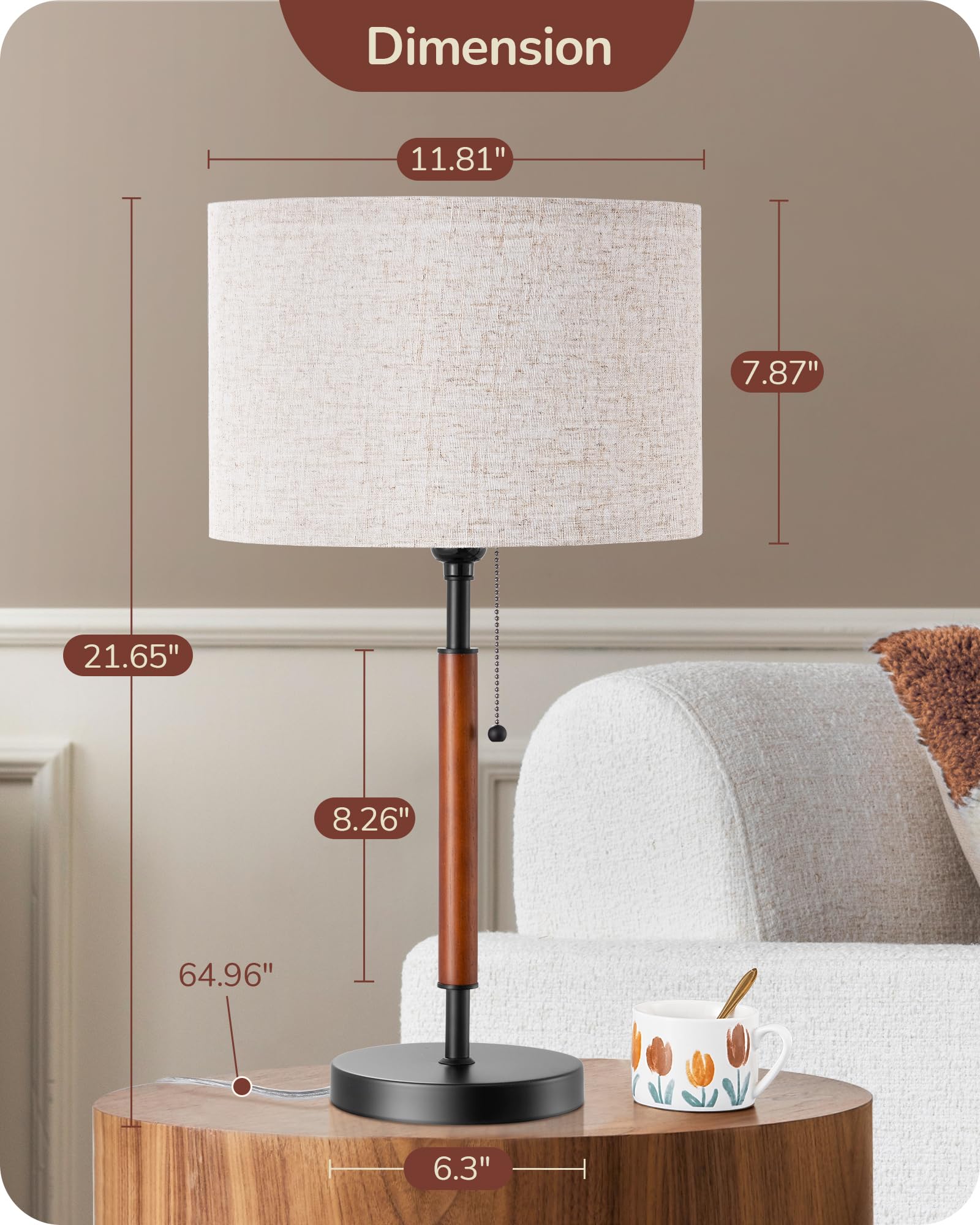 Edishine Mid Century Table Lamp, Pull Chain Switch Bedside Lamp With Linen Shade, Solid Wood Pole & Black Metal Base, Modern Nightstand Lamp For Bedroom, Living Room, Office, E26 Base