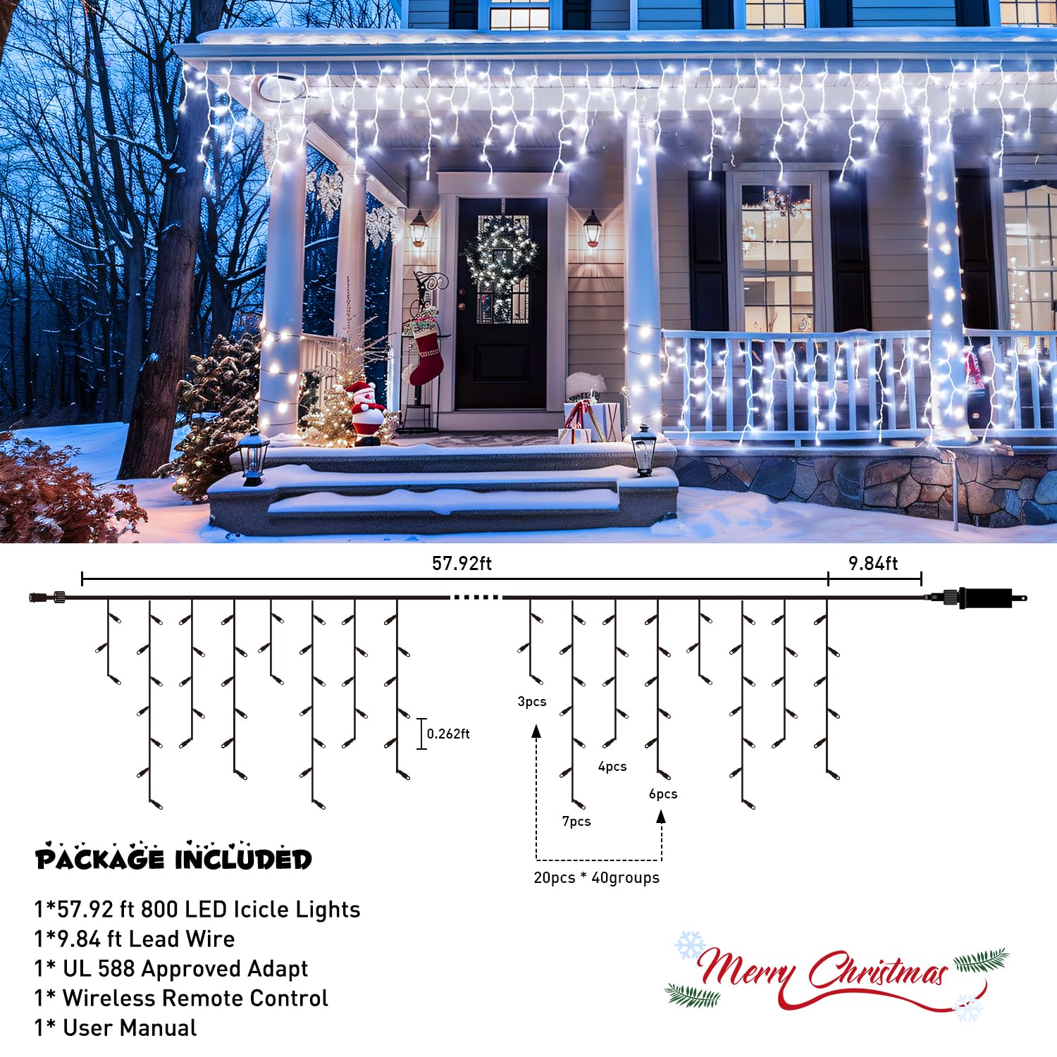 Jmexsuss Christmas Icicle Lights For Outside: 800 Led White Icicle Lights Outdoor Waterproof - White Christmas String Lights For House Wedding Party Christmas Decoration