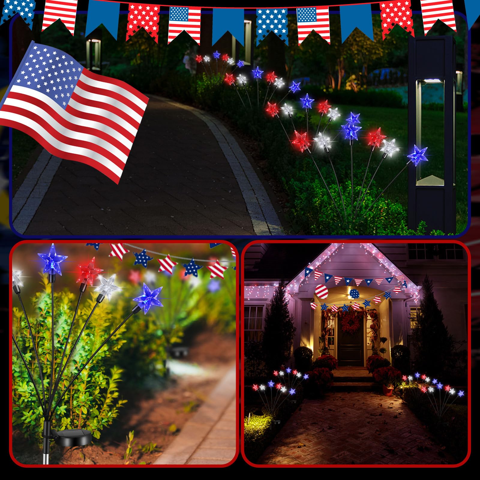 Tujoe 4 Pack Solar 4Th Of July Decorations Outdoor Lights, Red White And Blue 6 Led Star Stake Lights, Waterproof Patriotic Decorations For Independence Memorial Day Garden Yard Lawn Decor
